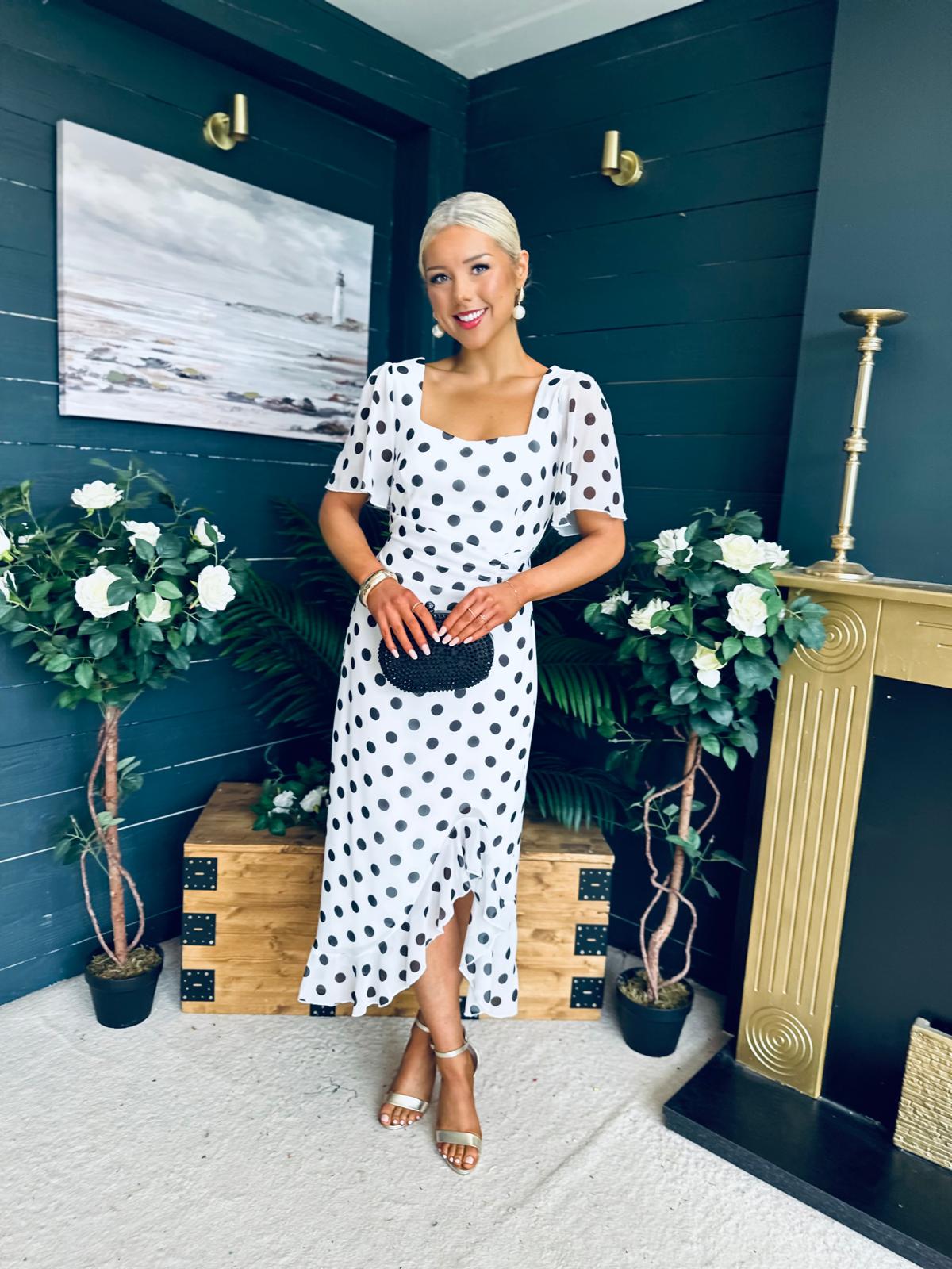 Heidi Ruched Occasion Midi Dress White Polka