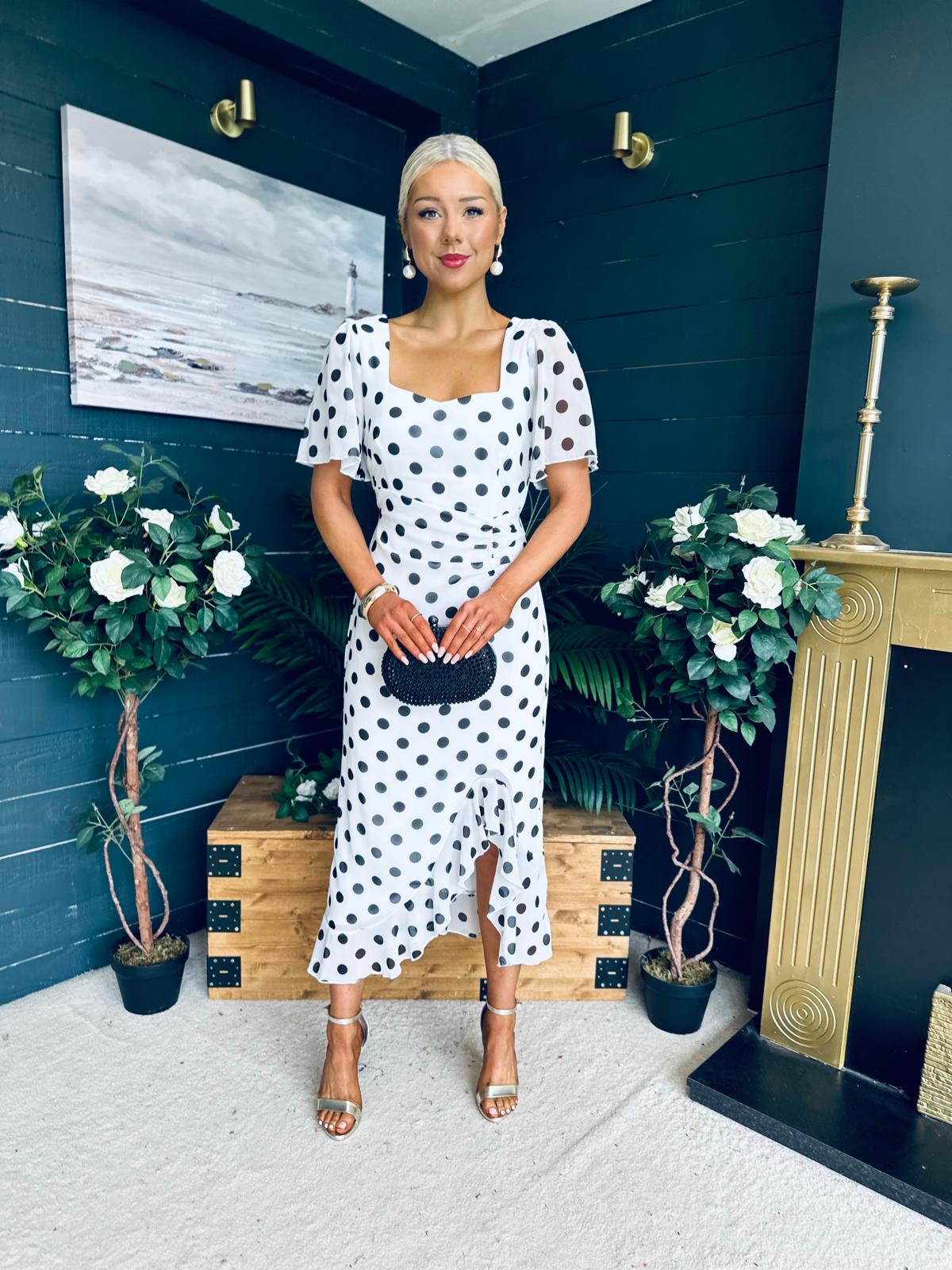 Heidi Ruched Occasion Midi Dress White Polka