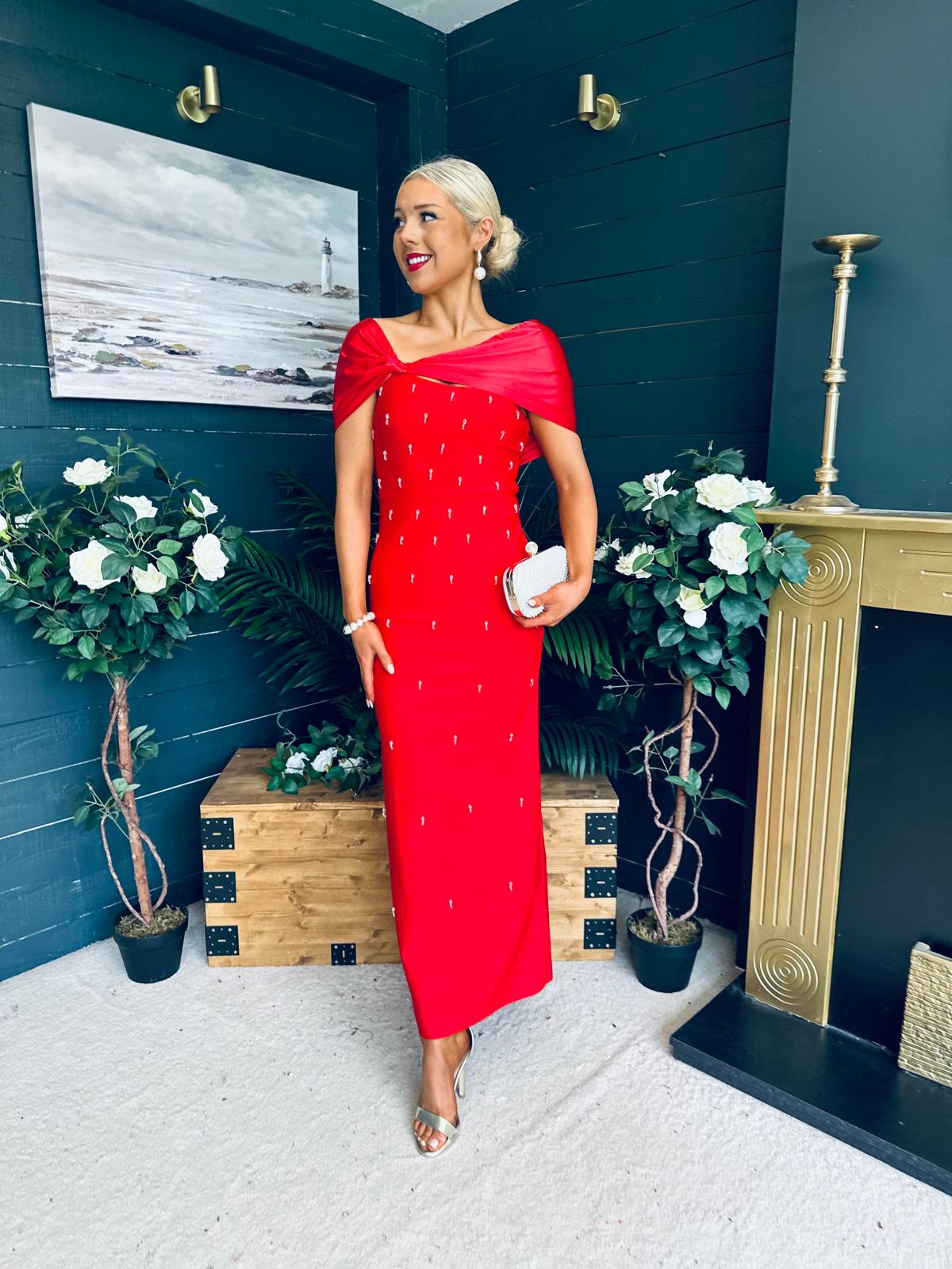 Audrey Embellished Occasion Dress Red