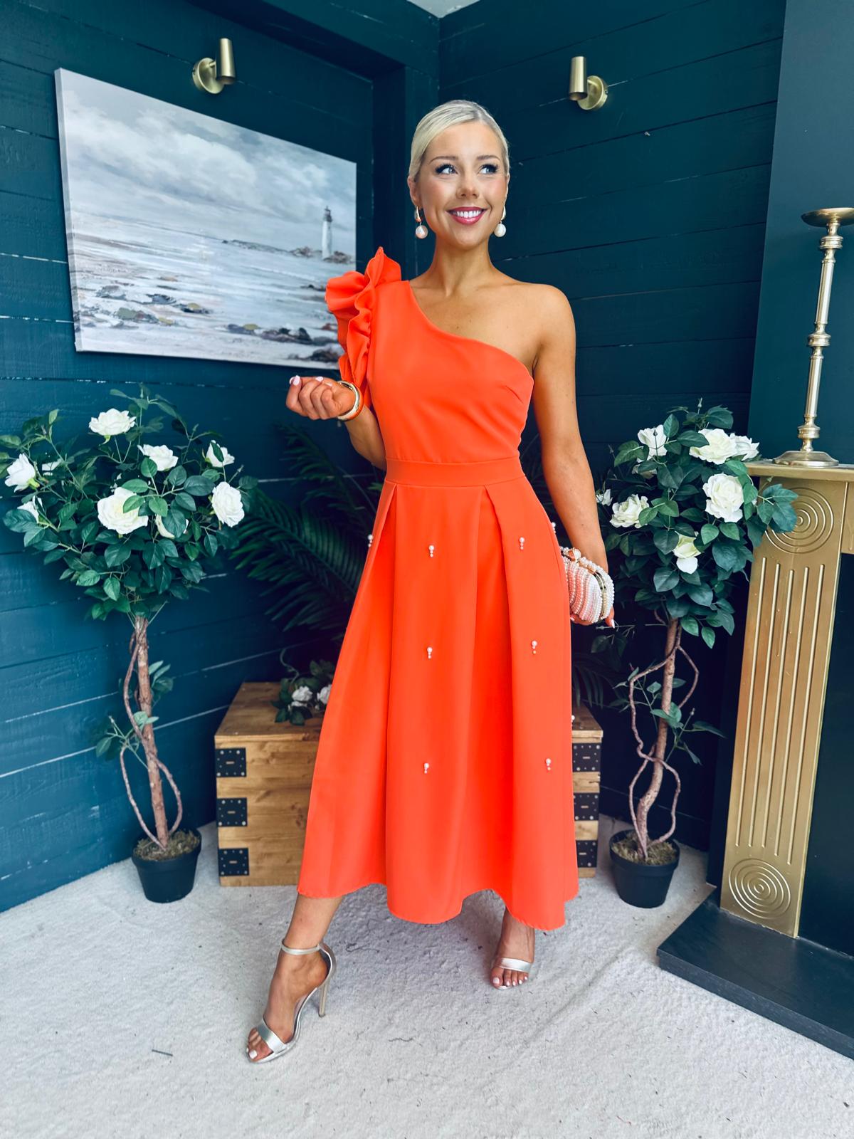 Erin Pearl Detailed Occasion Dress Orange