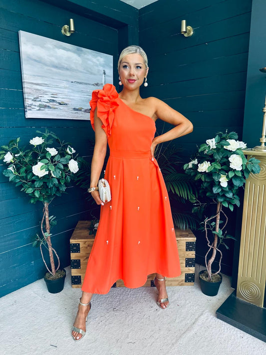 Erin Pearl Detailed Occasion Dress Orange