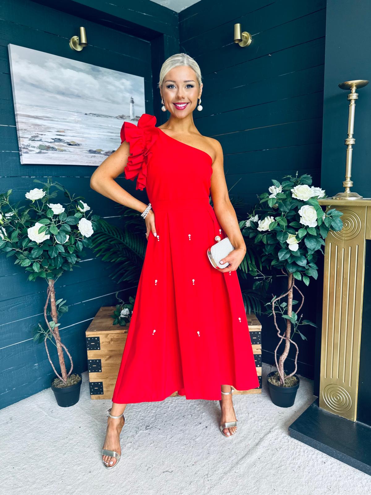 Erin Pearl Detailed Occasion Dress Red