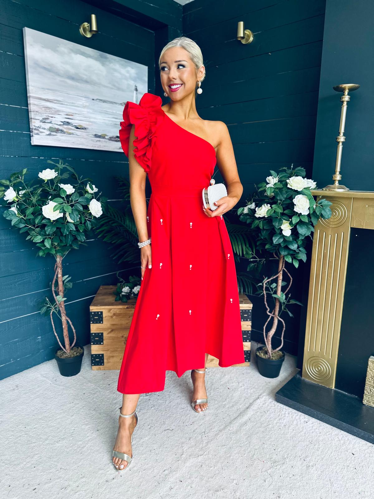Erin Pearl Detailed Occasion Dress Red