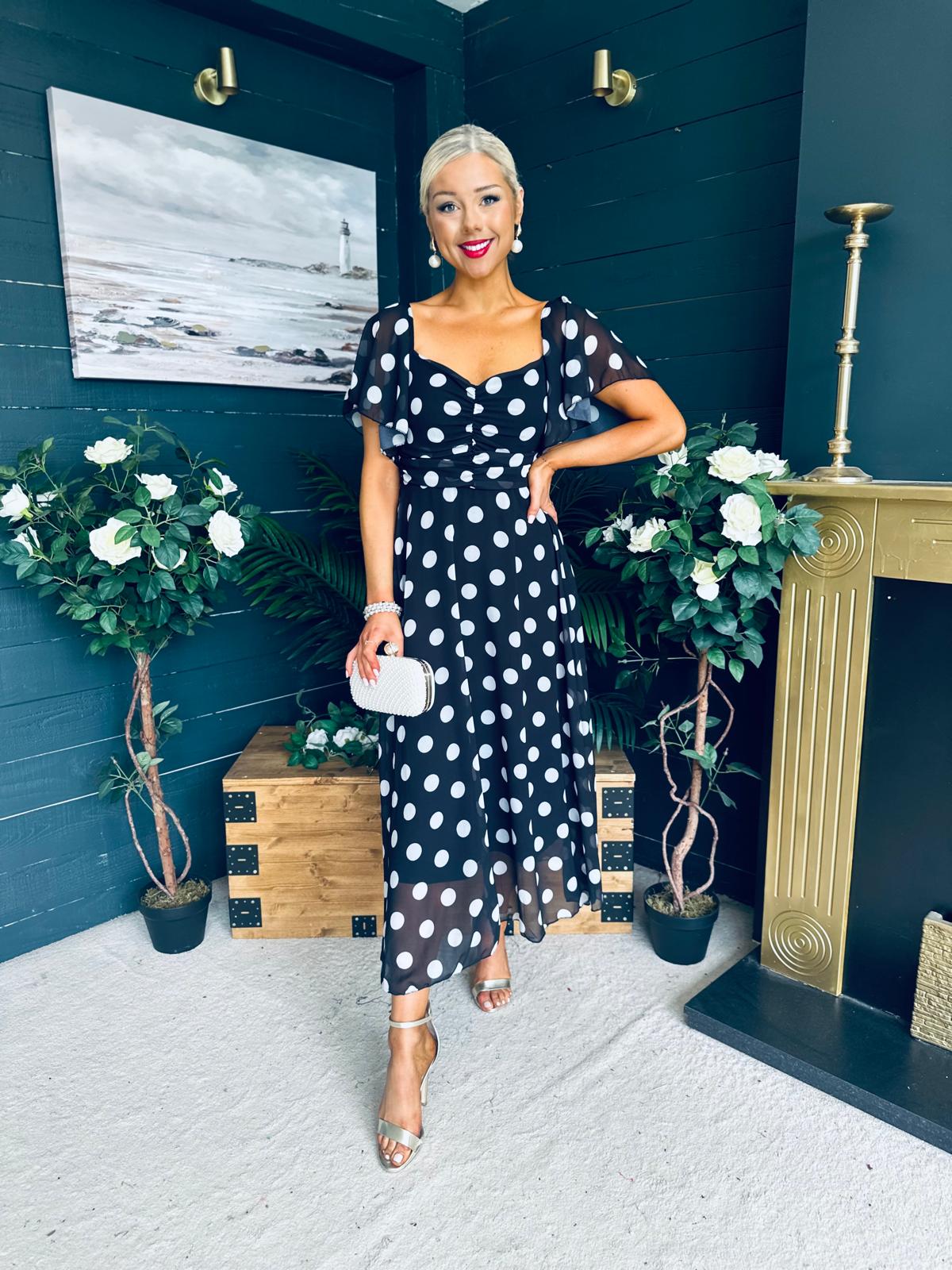 Aoibhe Detailed Midi Dress Polka Black
