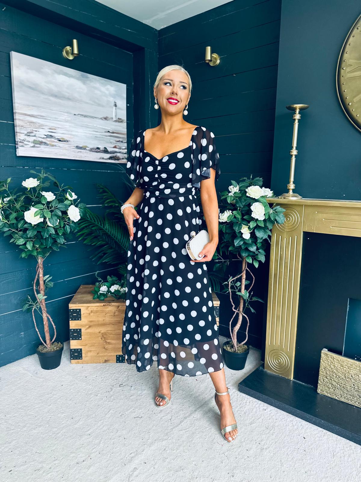 Aoibhe Detailed Midi Dress Polka Black