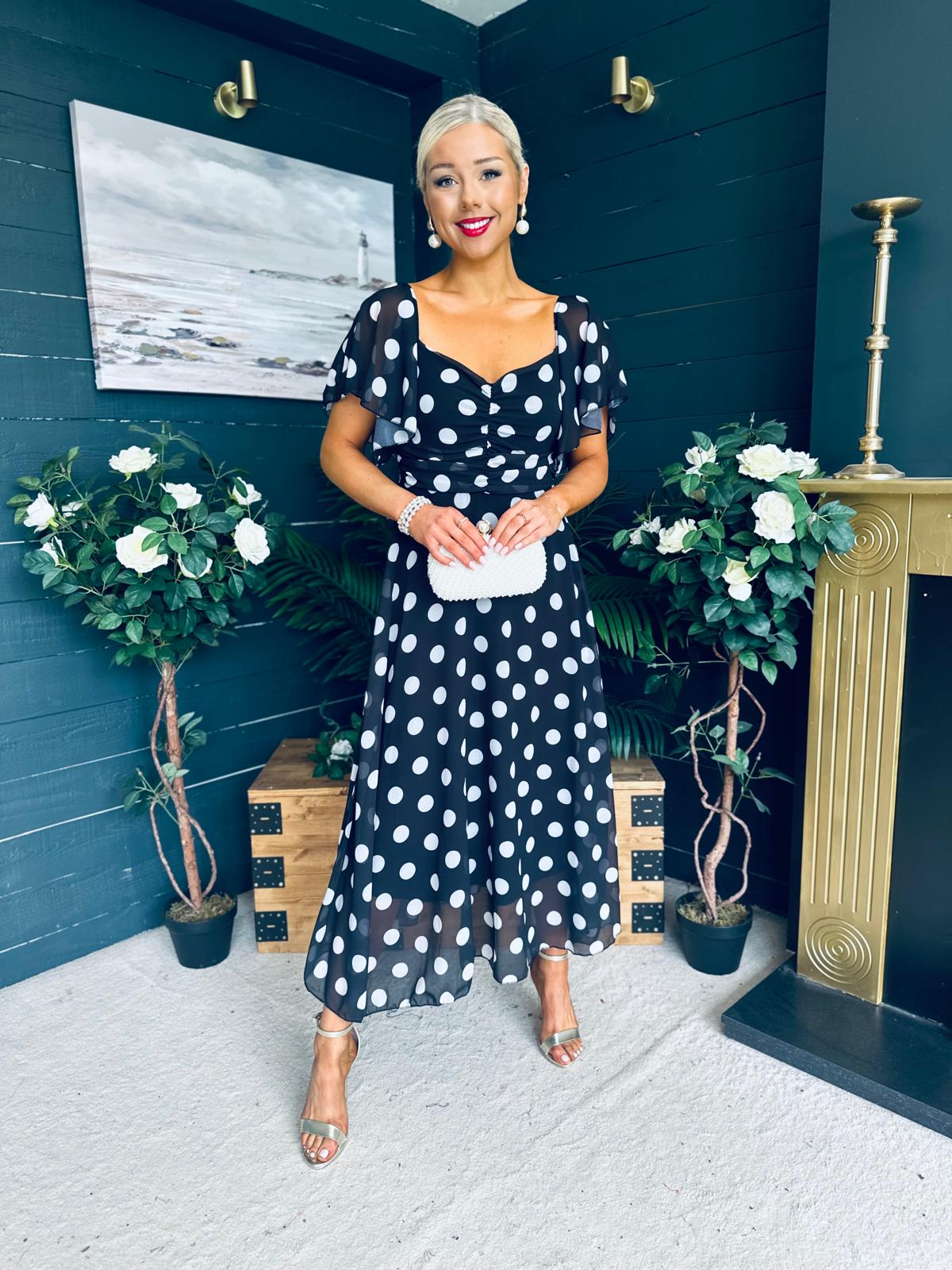 Aoibhe Detailed Midi Dress Polka Black