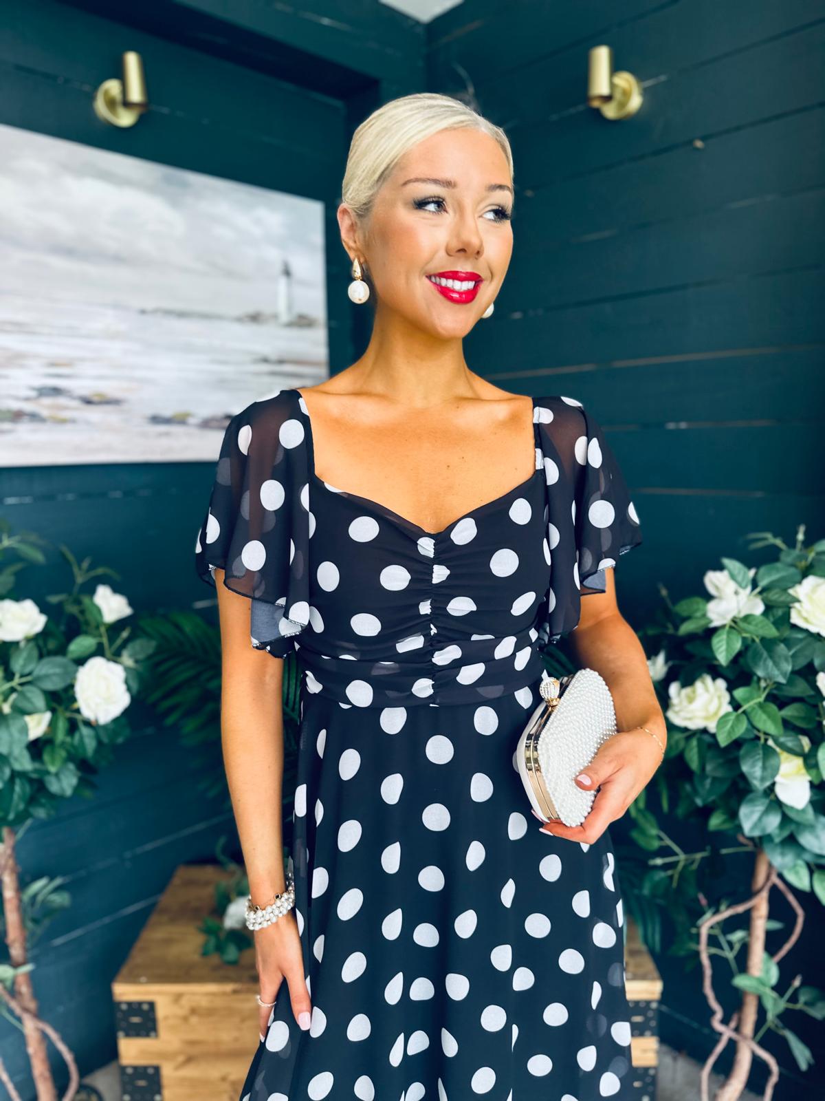 Aoibhe Detailed Midi Dress Polka Black