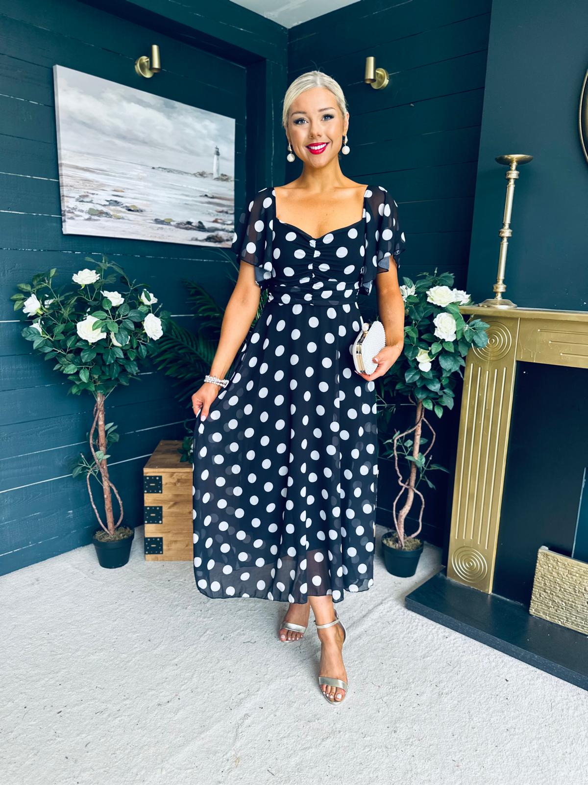 Aoibhe Detailed Midi Dress Polka Black