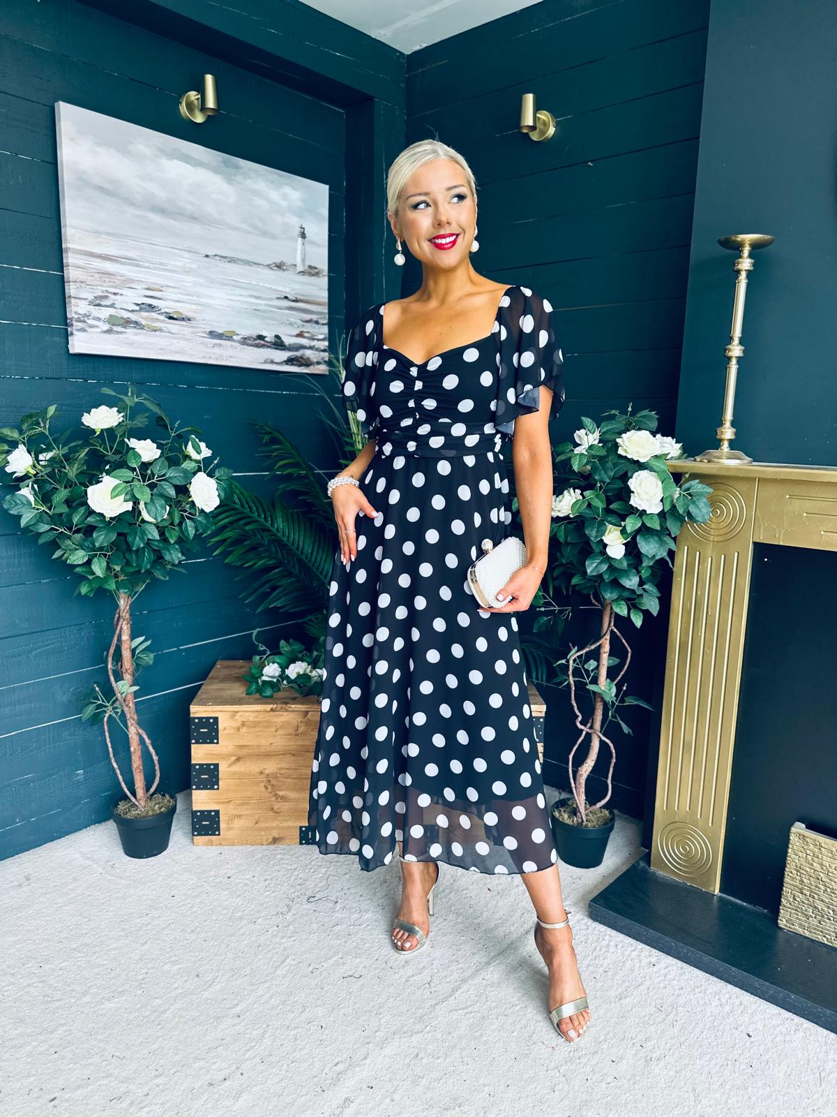 Aoibhe Detailed Midi Dress Polka Black