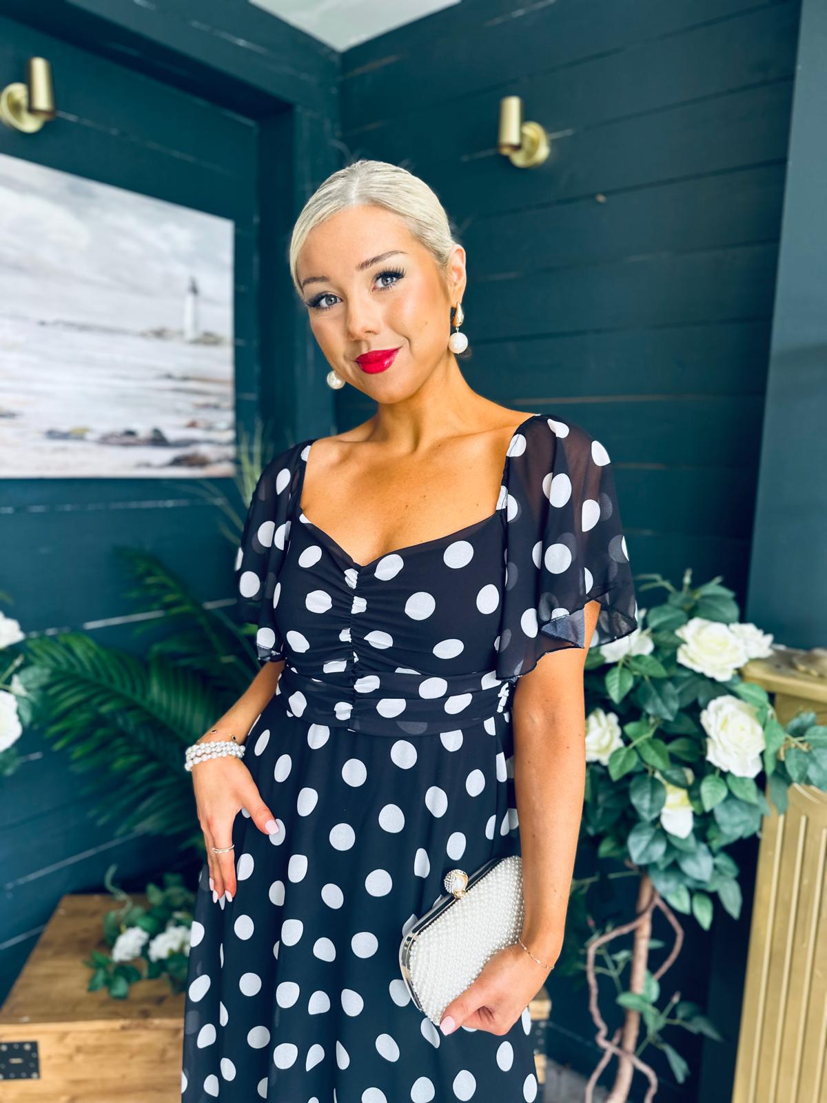 Aoibhe Detailed Midi Dress Polka Black