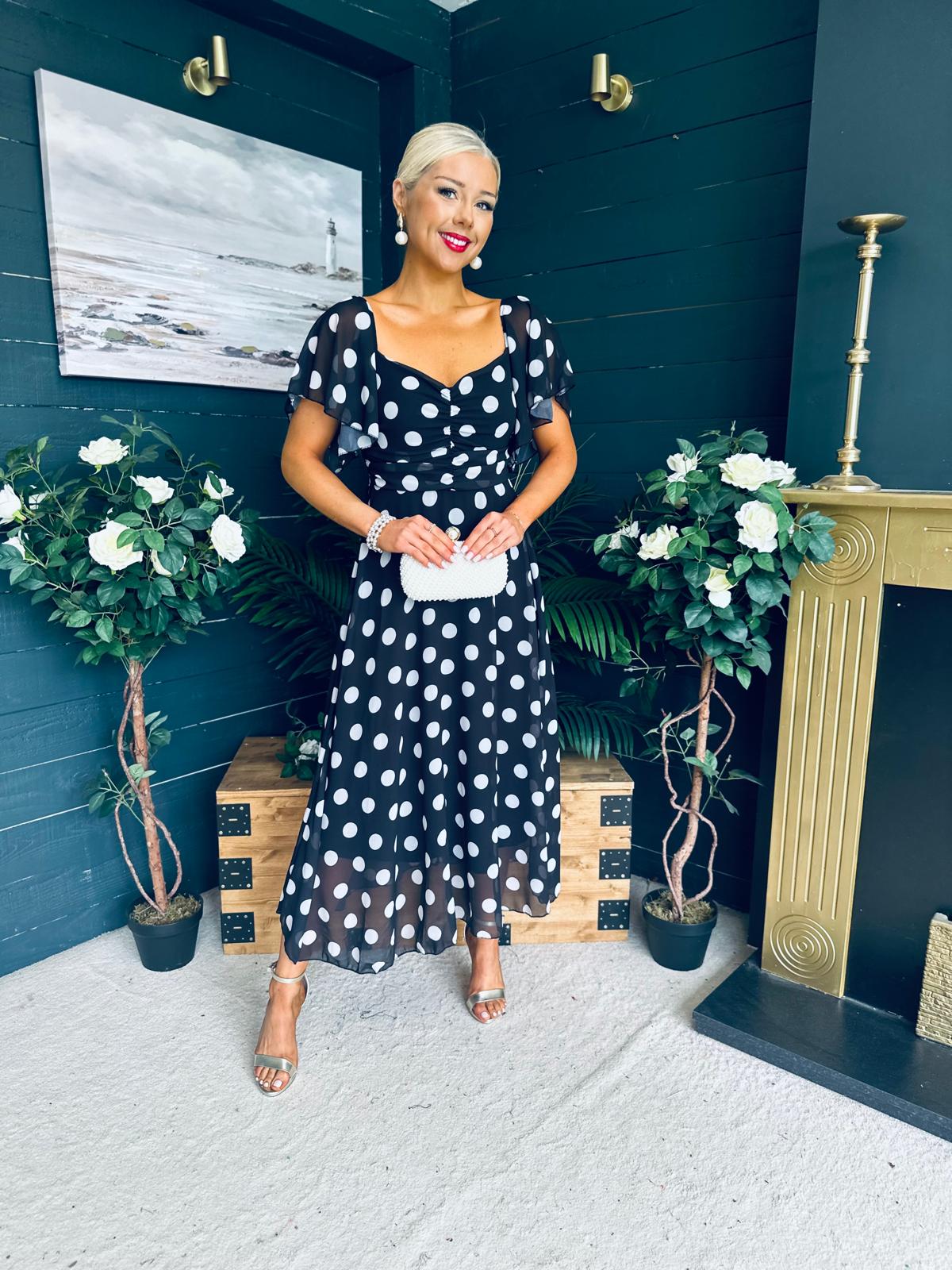 Aoibhe Detailed Midi Dress Polka Black