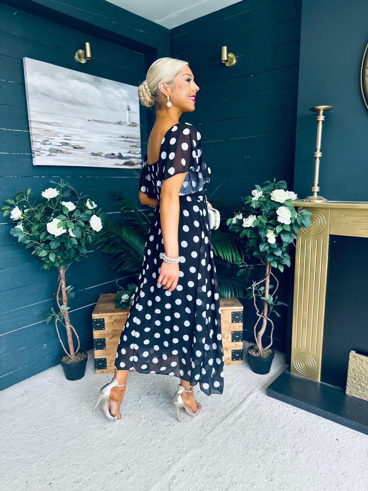 Aoibhe Detailed Midi Dress Polka Black
