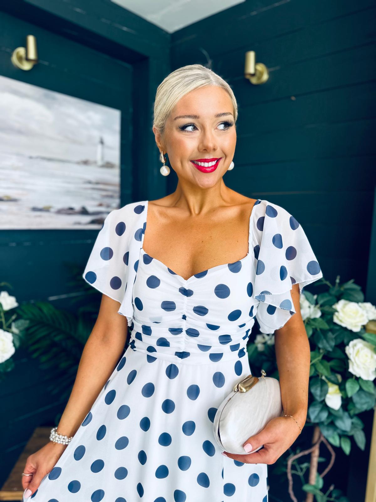 Aoibhe Detailed Midi Dress Polka Navy / White