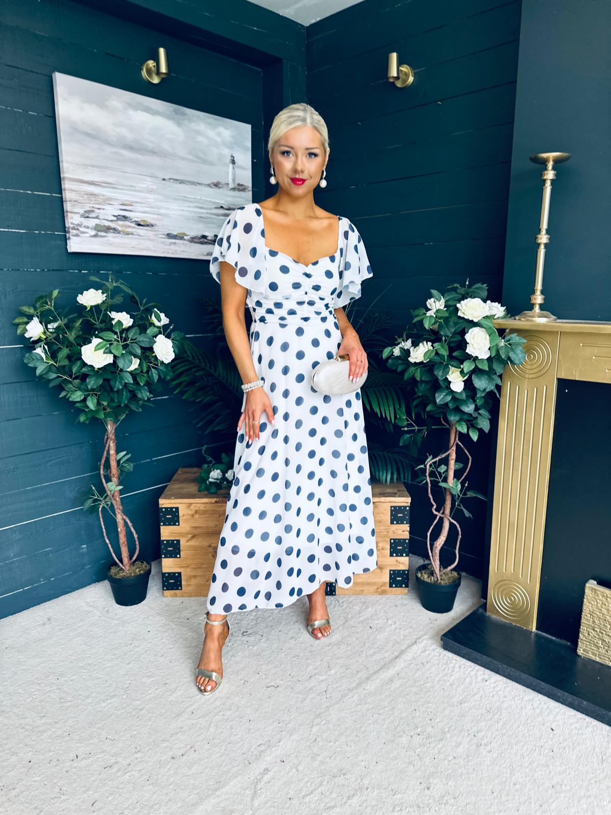 Aoibhe Detailed Midi Dress Polka Navy / White