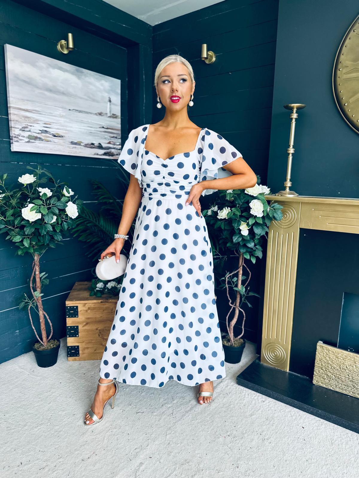 Aoibhe Detailed Midi Dress Polka Navy / White