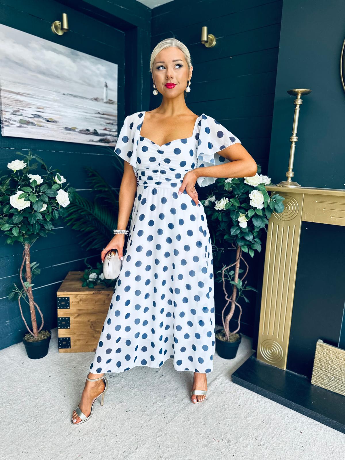 Aoibhe Detailed Midi Dress Polka Navy / White