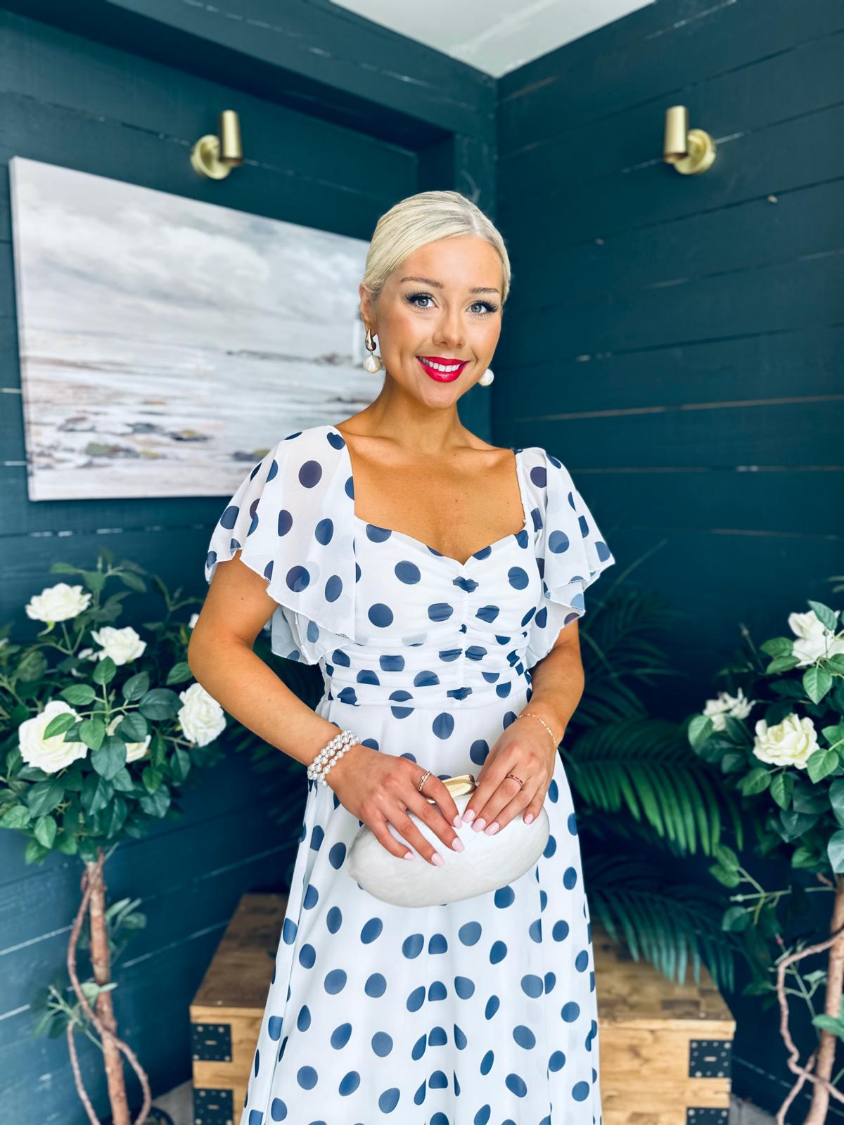 Aoibhe Detailed Midi Dress Polka Navy / White