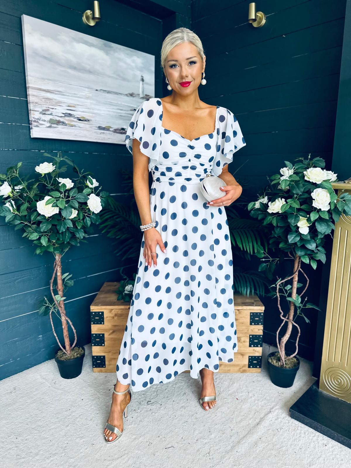 Aoibhe Detailed Midi Dress Polka Navy / White