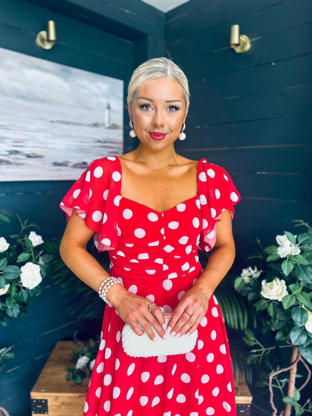 Aoibhe Detailed Midi Dress Polka Red