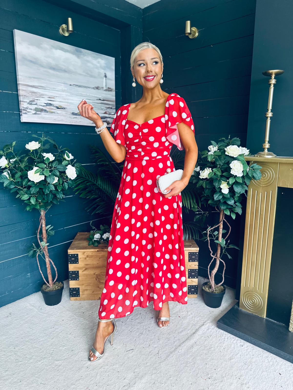 Aoibhe Detailed Midi Dress Polka Red