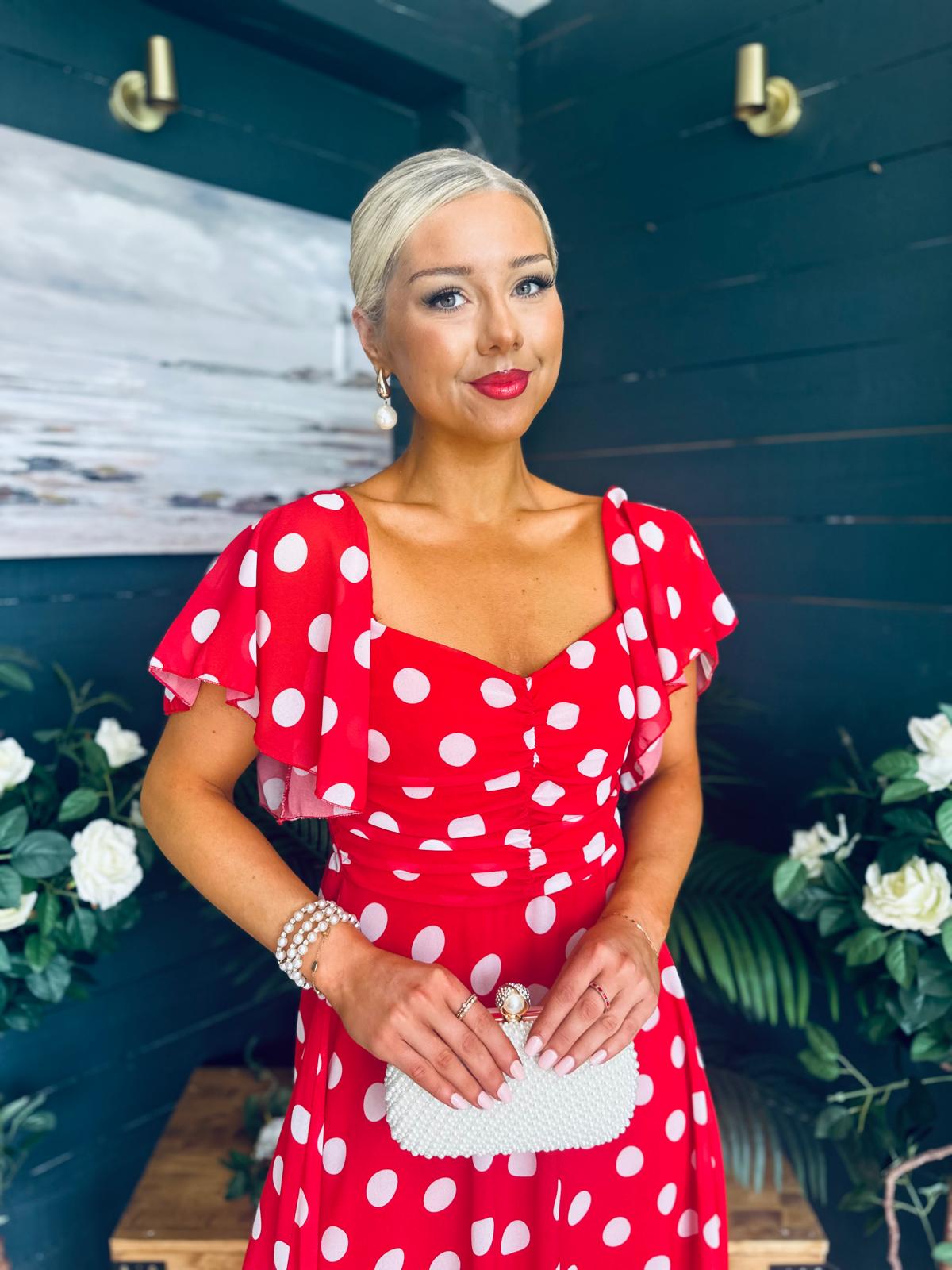 Aoibhe Detailed Midi Dress Polka Red