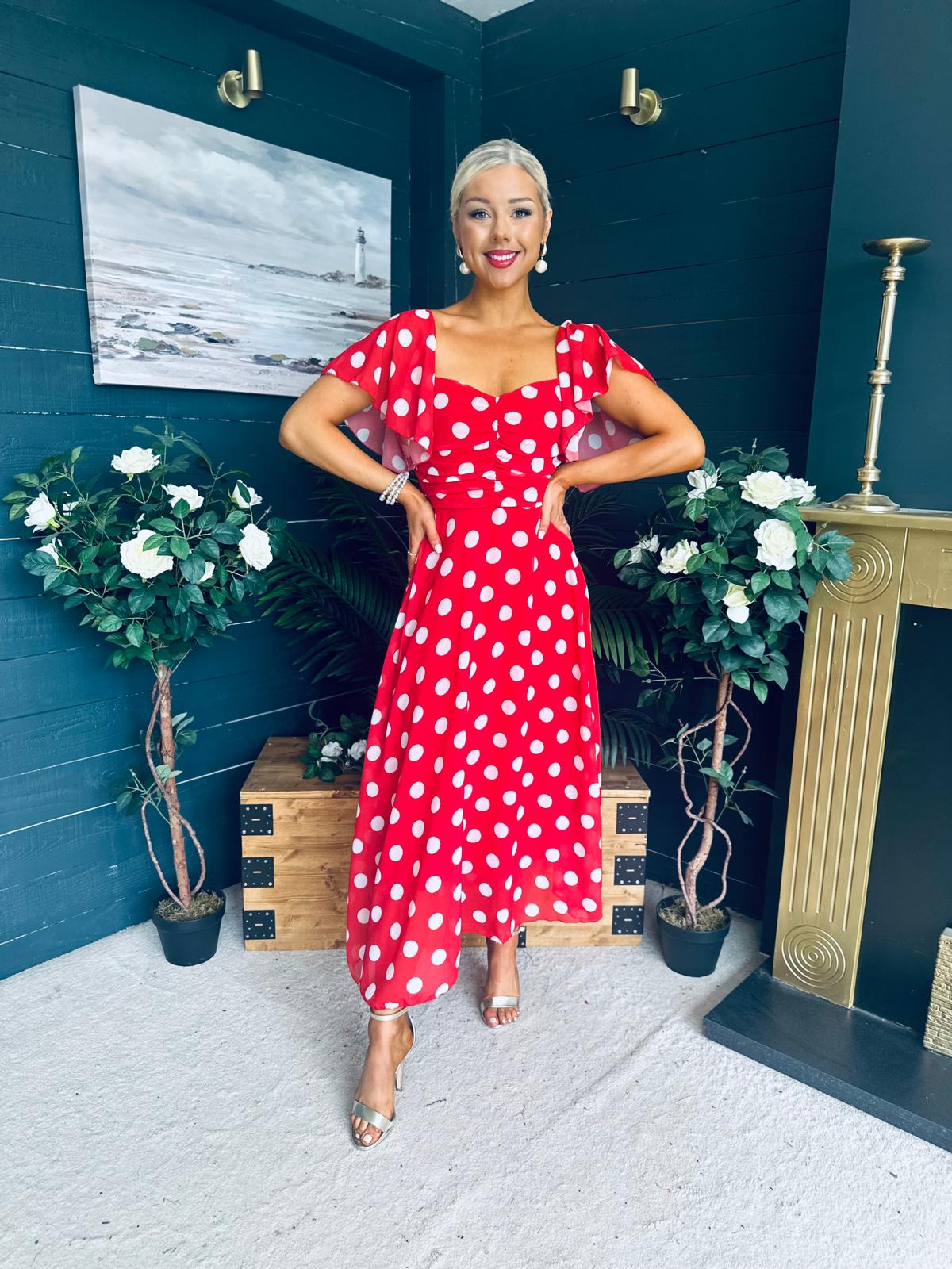 Aoibhe Detailed Midi Dress Polka Red