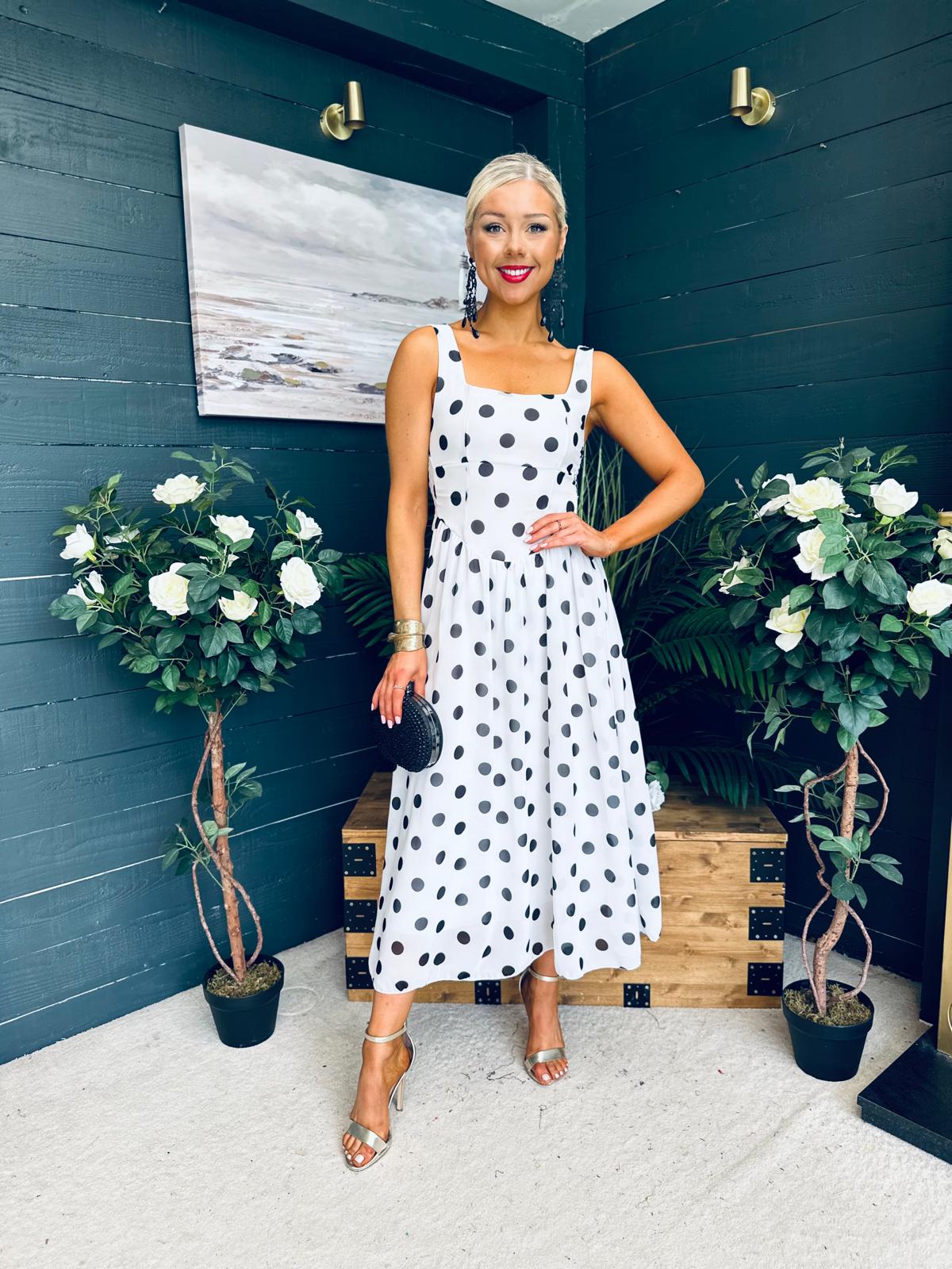 Roise Detailed Midi Dress Polka White