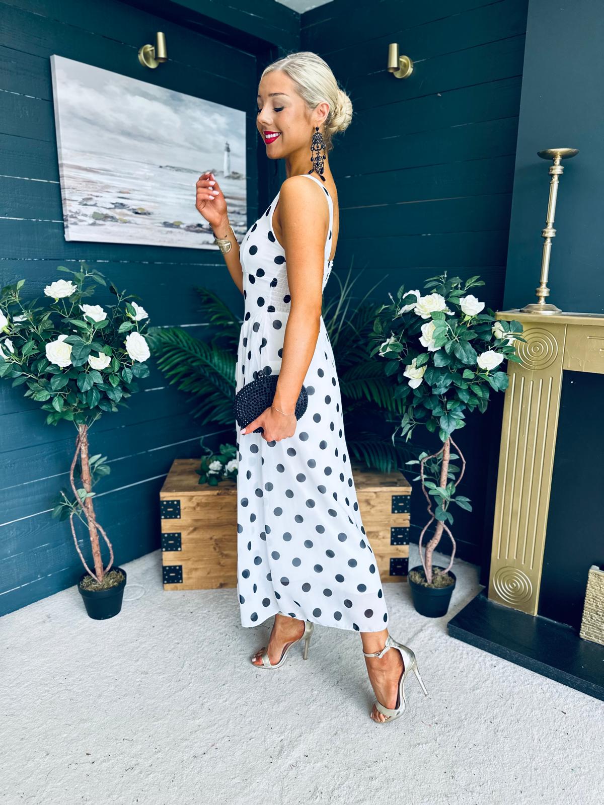 Roise Detailed Midi Dress Polka White