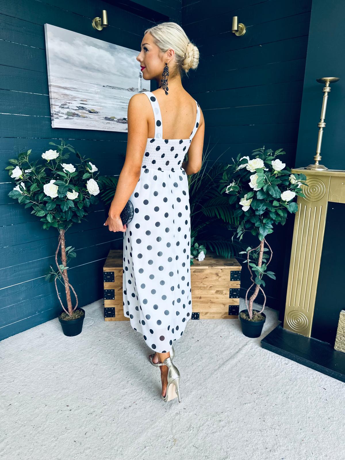 Roise Detailed Midi Dress Polka White