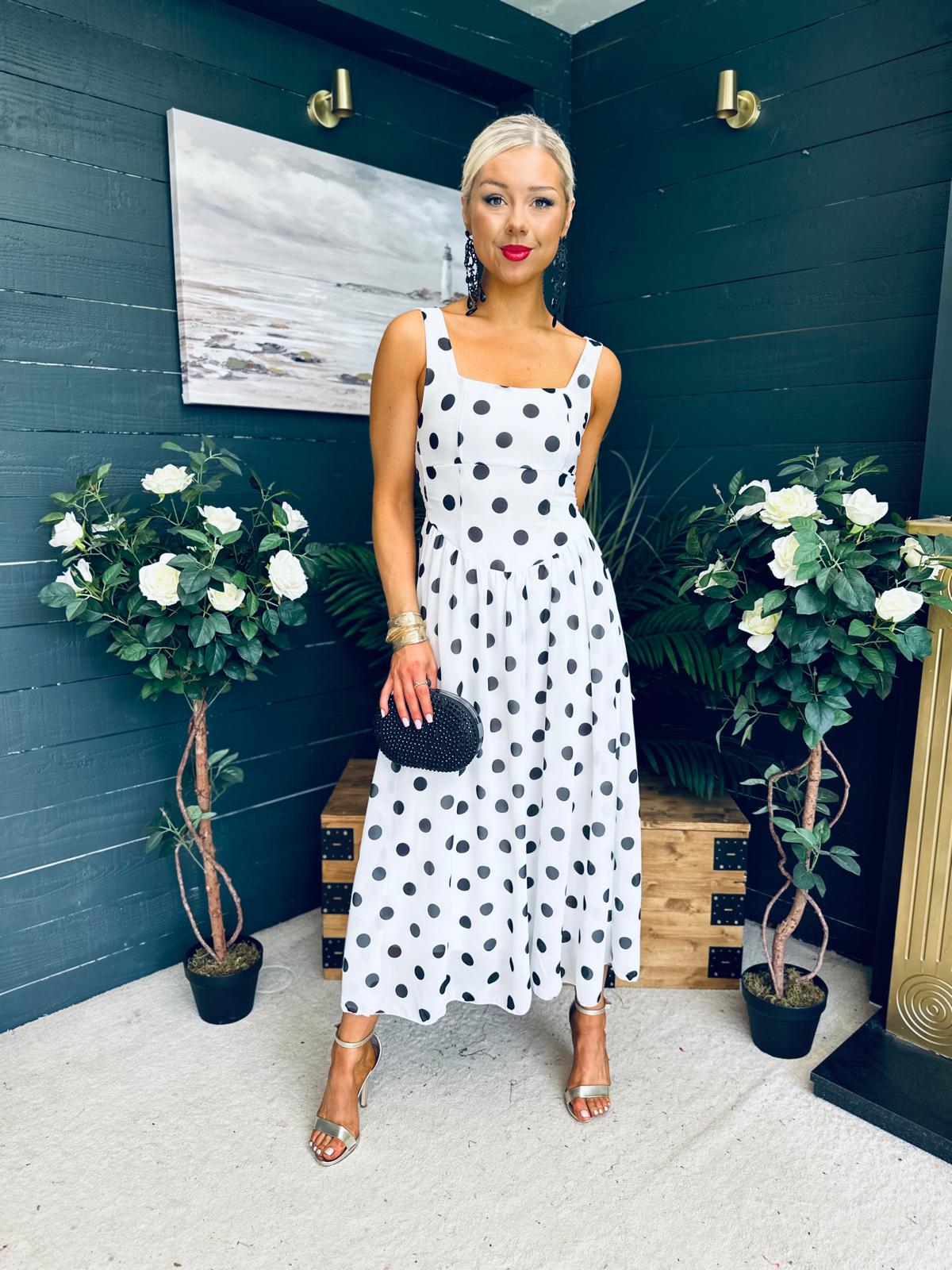 Roise Detailed Midi Dress Polka White