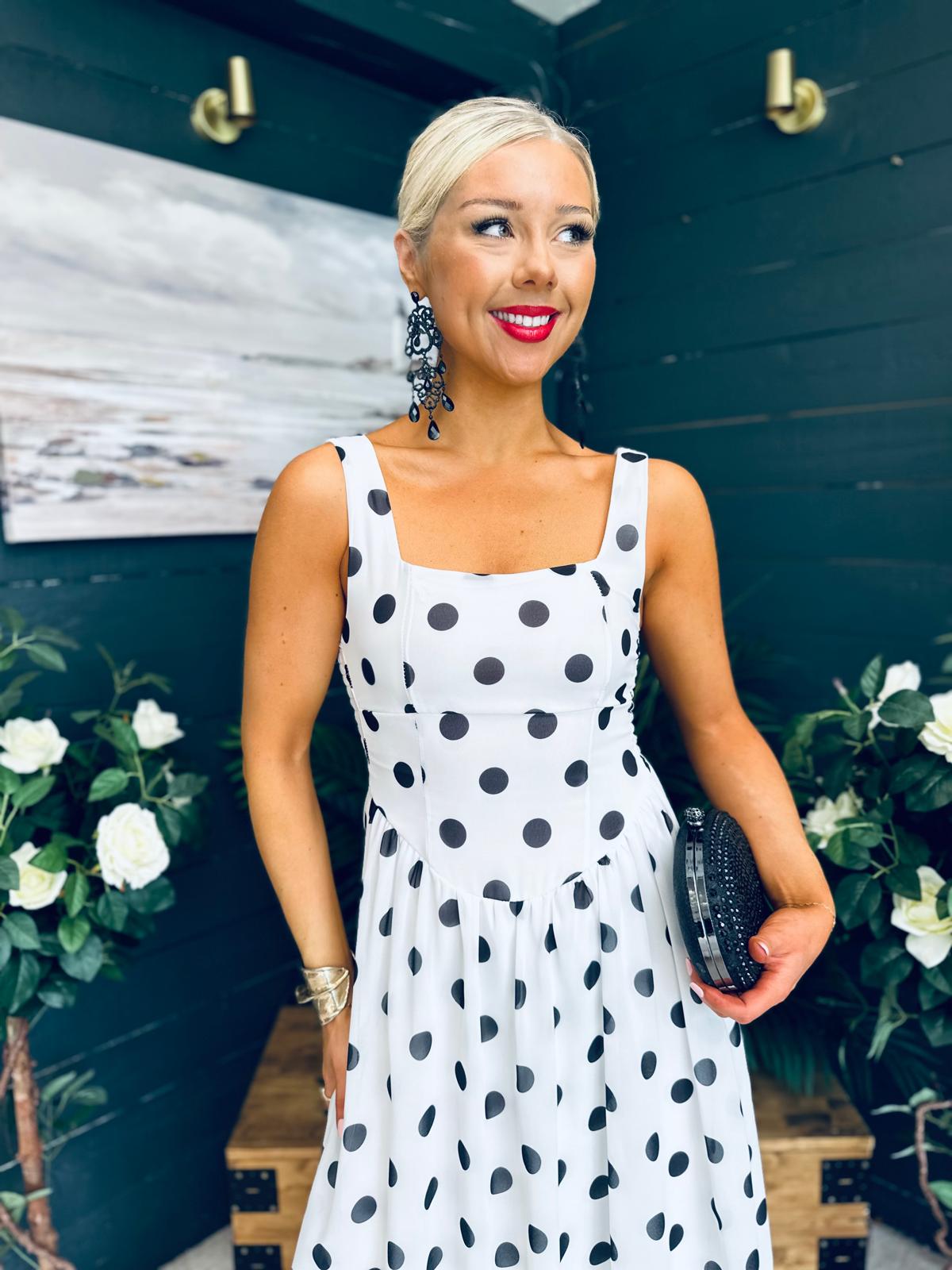 Roise Detailed Midi Dress Polka White