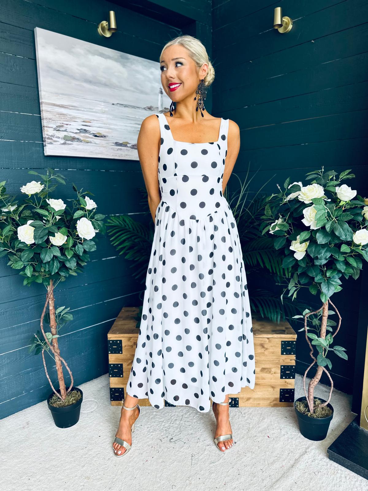 Roise Detailed Midi Dress Polka White