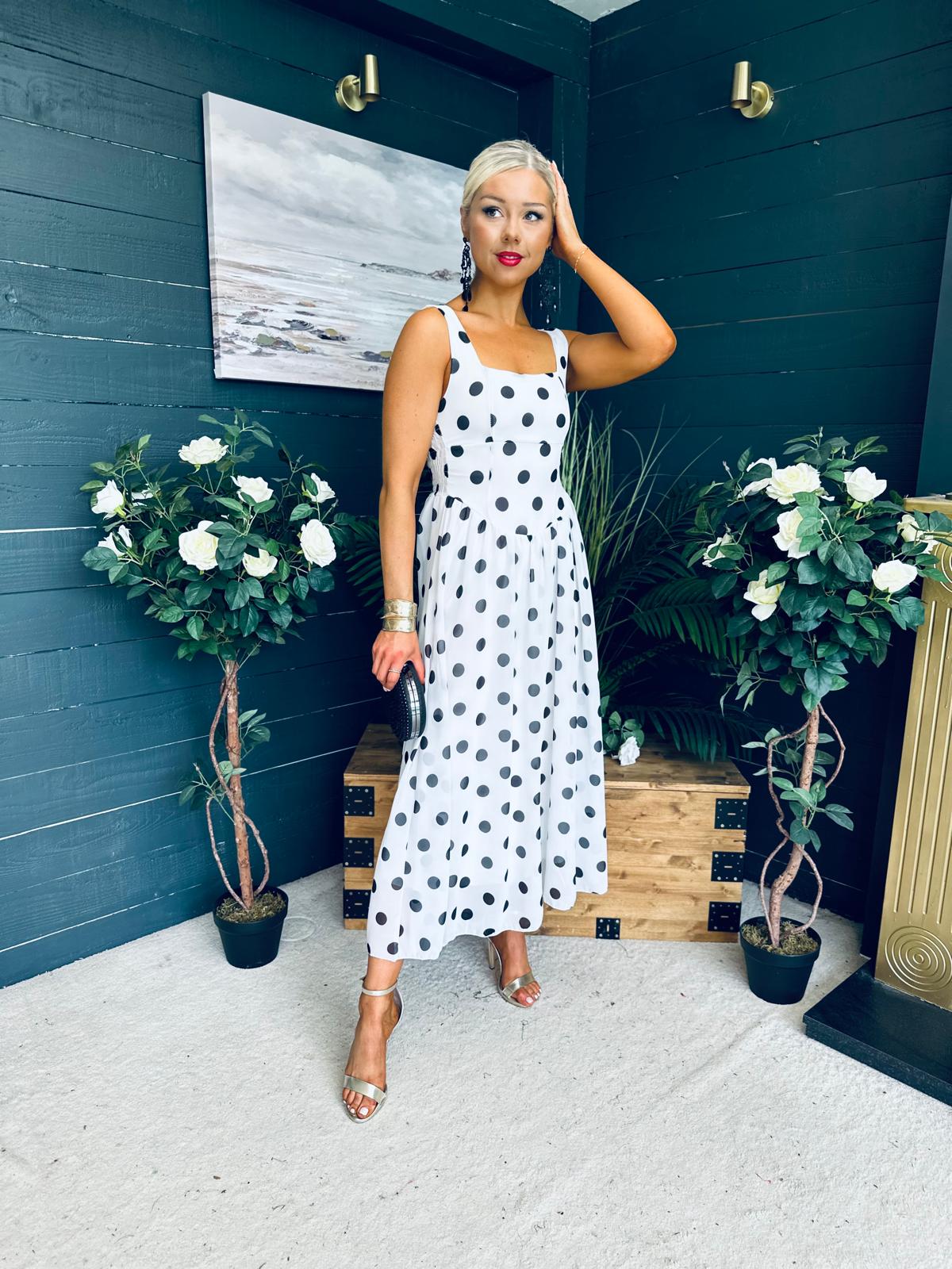 Roise Detailed Midi Dress Polka White