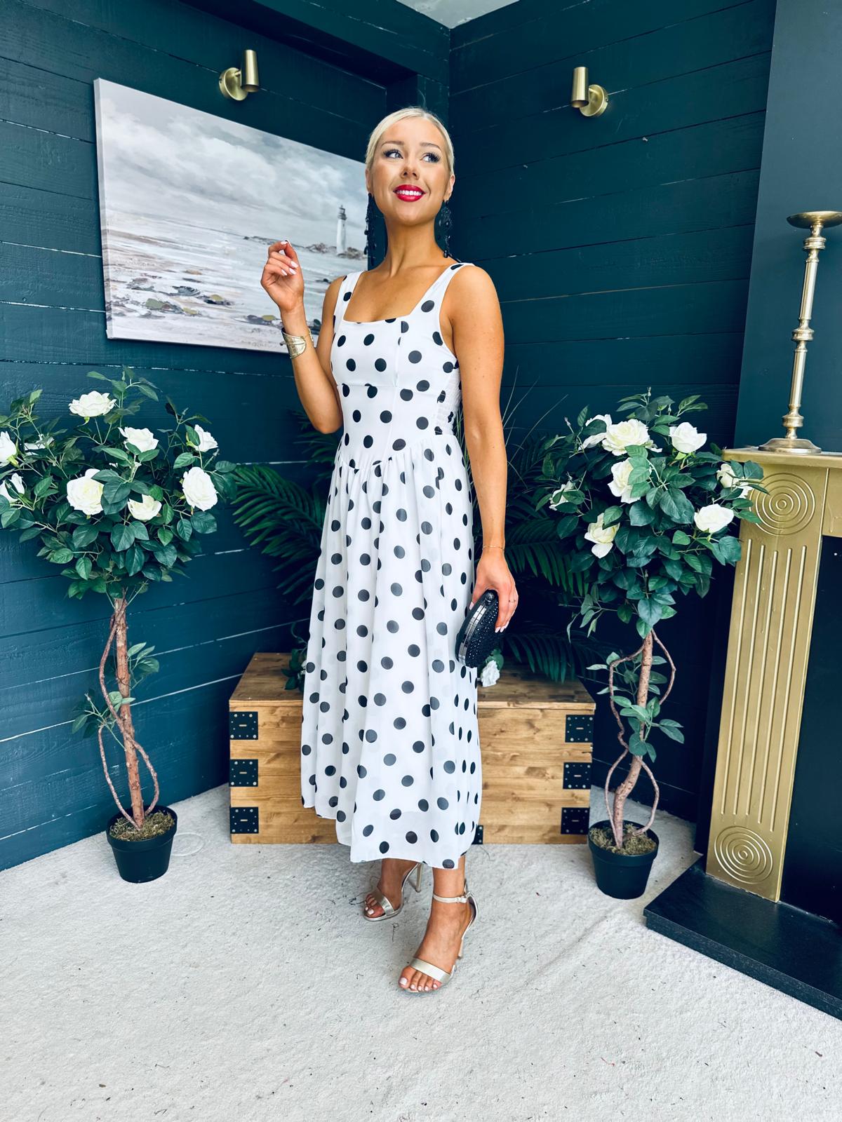 Roise Detailed Midi Dress Polka White