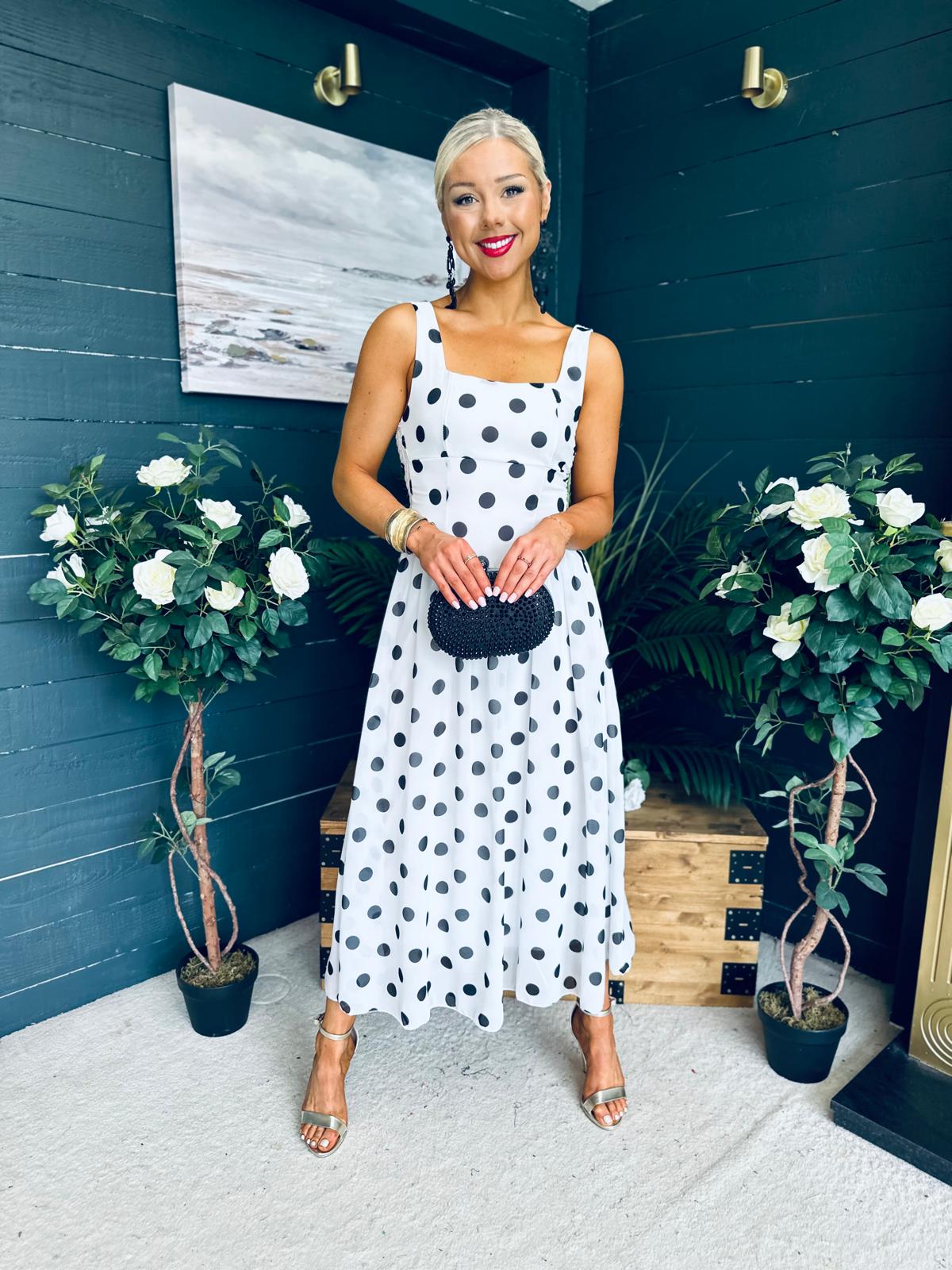 Roise Detailed Midi Dress Polka White