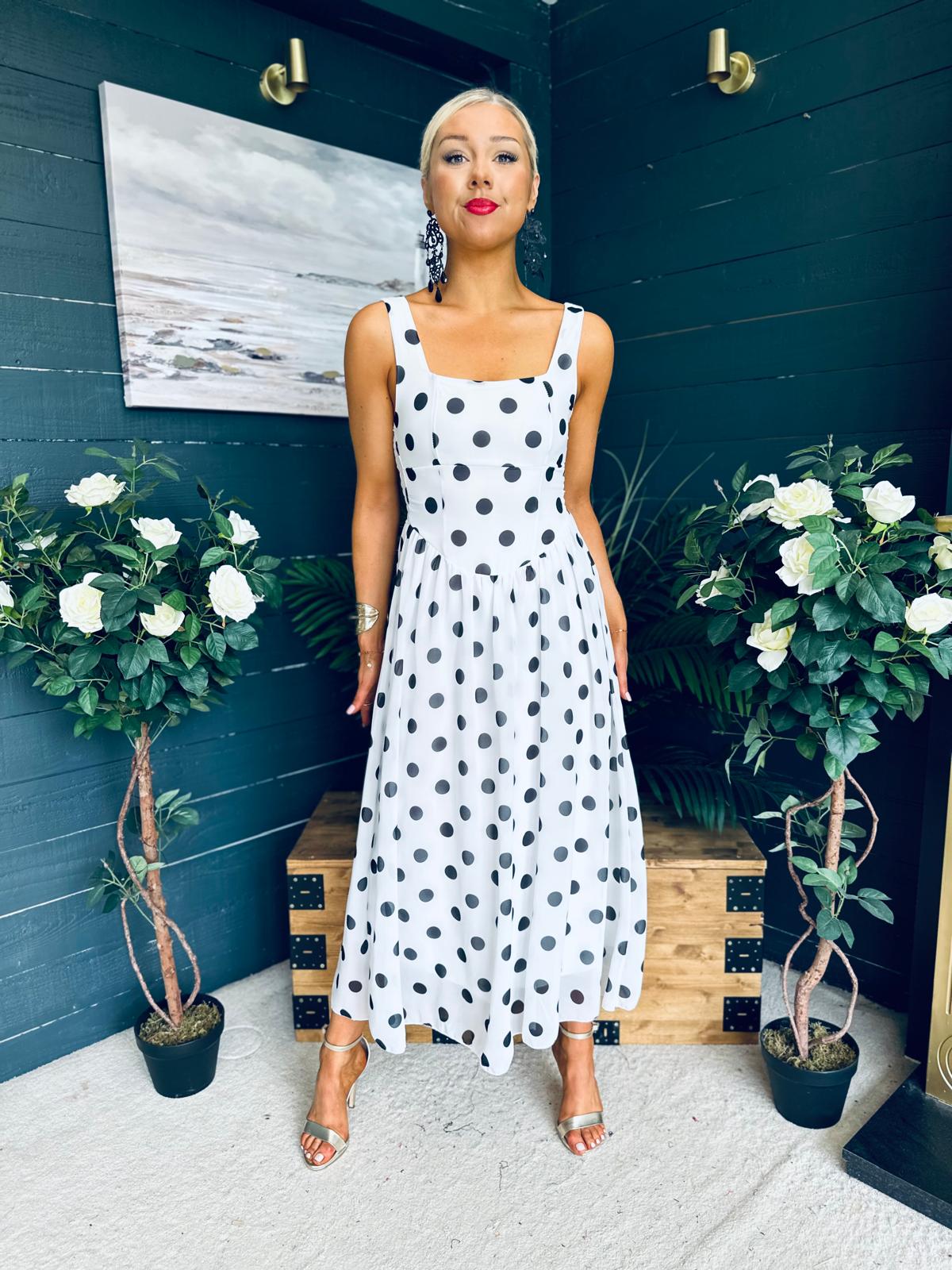 Roise Detailed Midi Dress Polka White