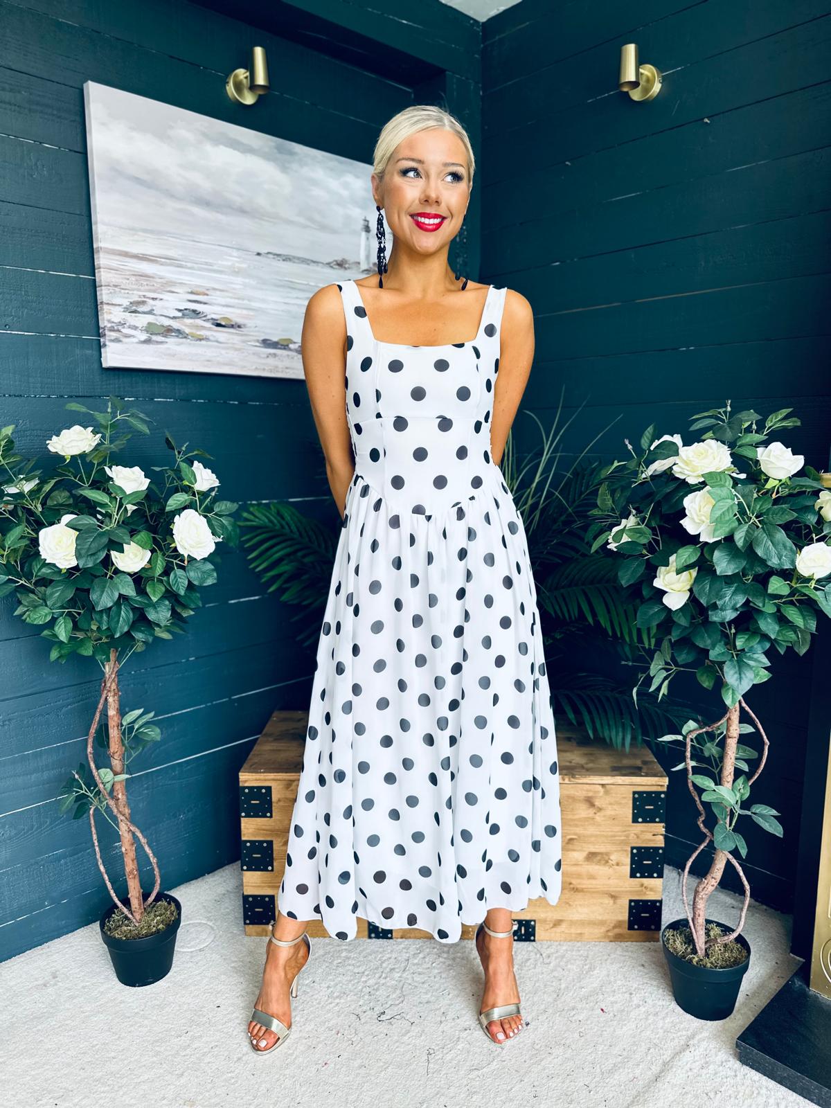 Roise Detailed Midi Dress Polka White