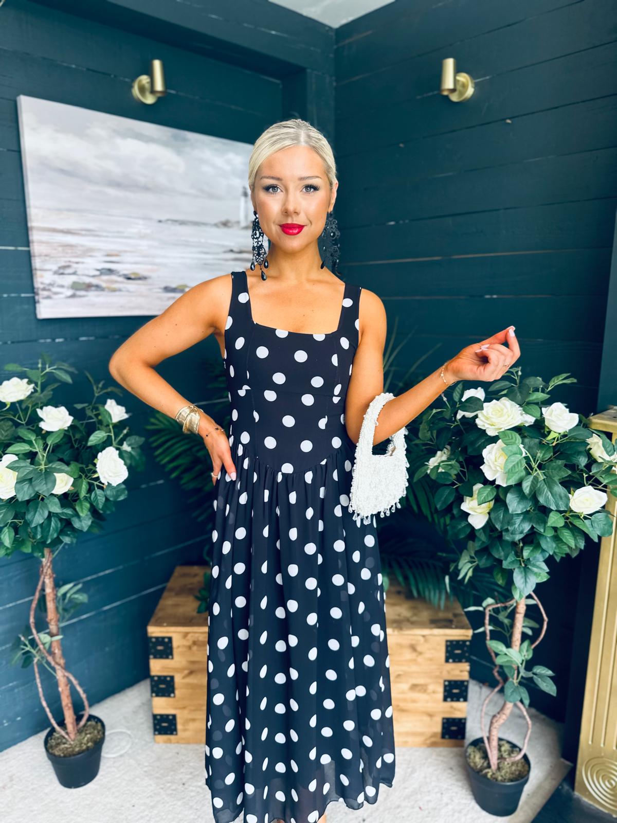 Roise Detailed Midi Dress Polka Black