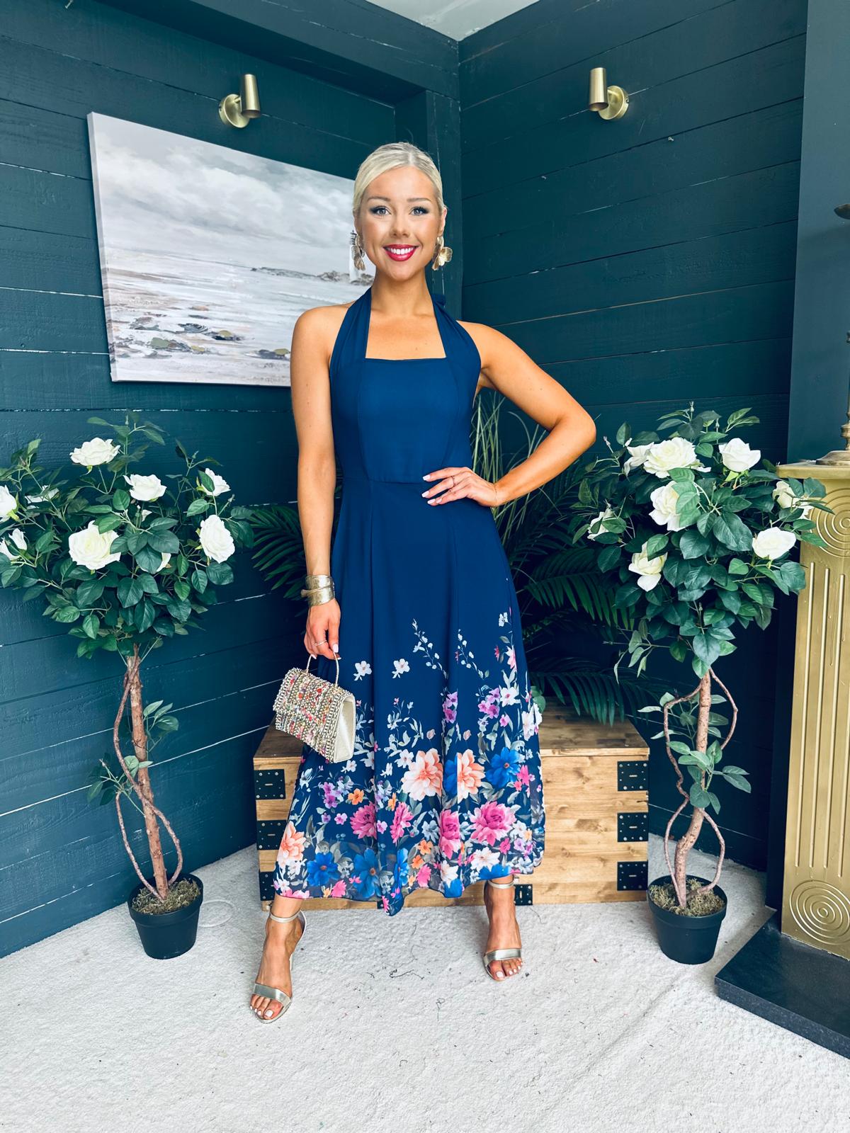 Keelin Halterneck Midi Dress Floral Navy