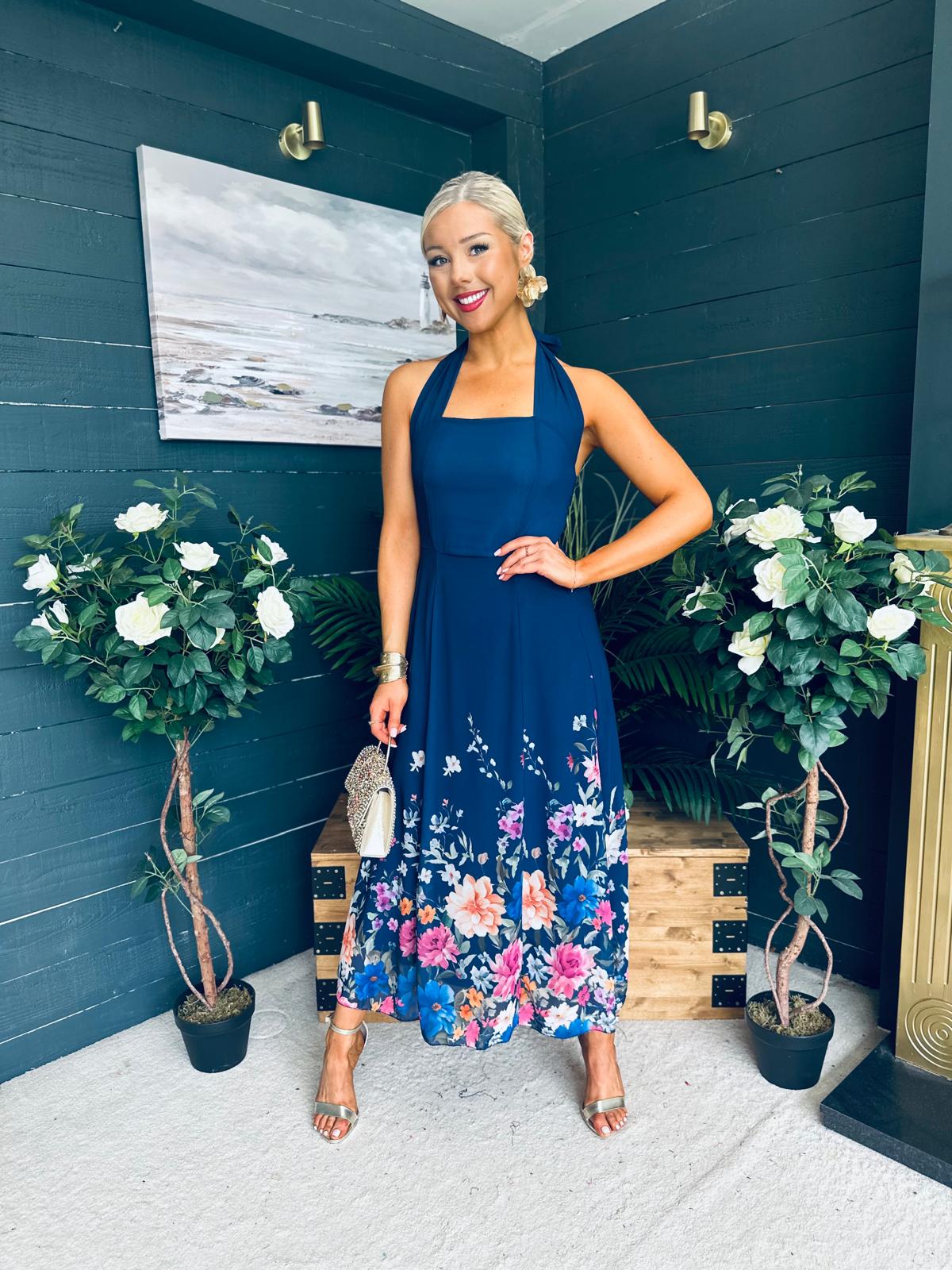 Keelin Halterneck Midi Dress Floral Navy