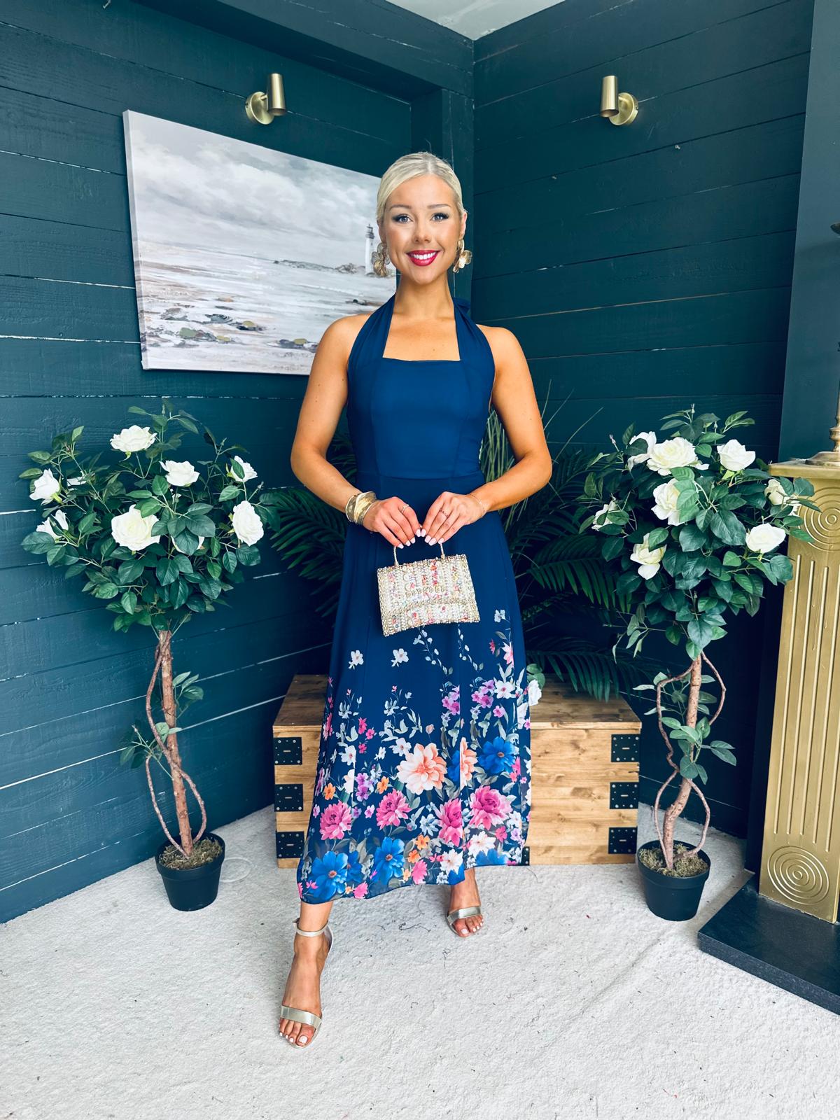 Keelin Halterneck Midi Dress Floral Navy