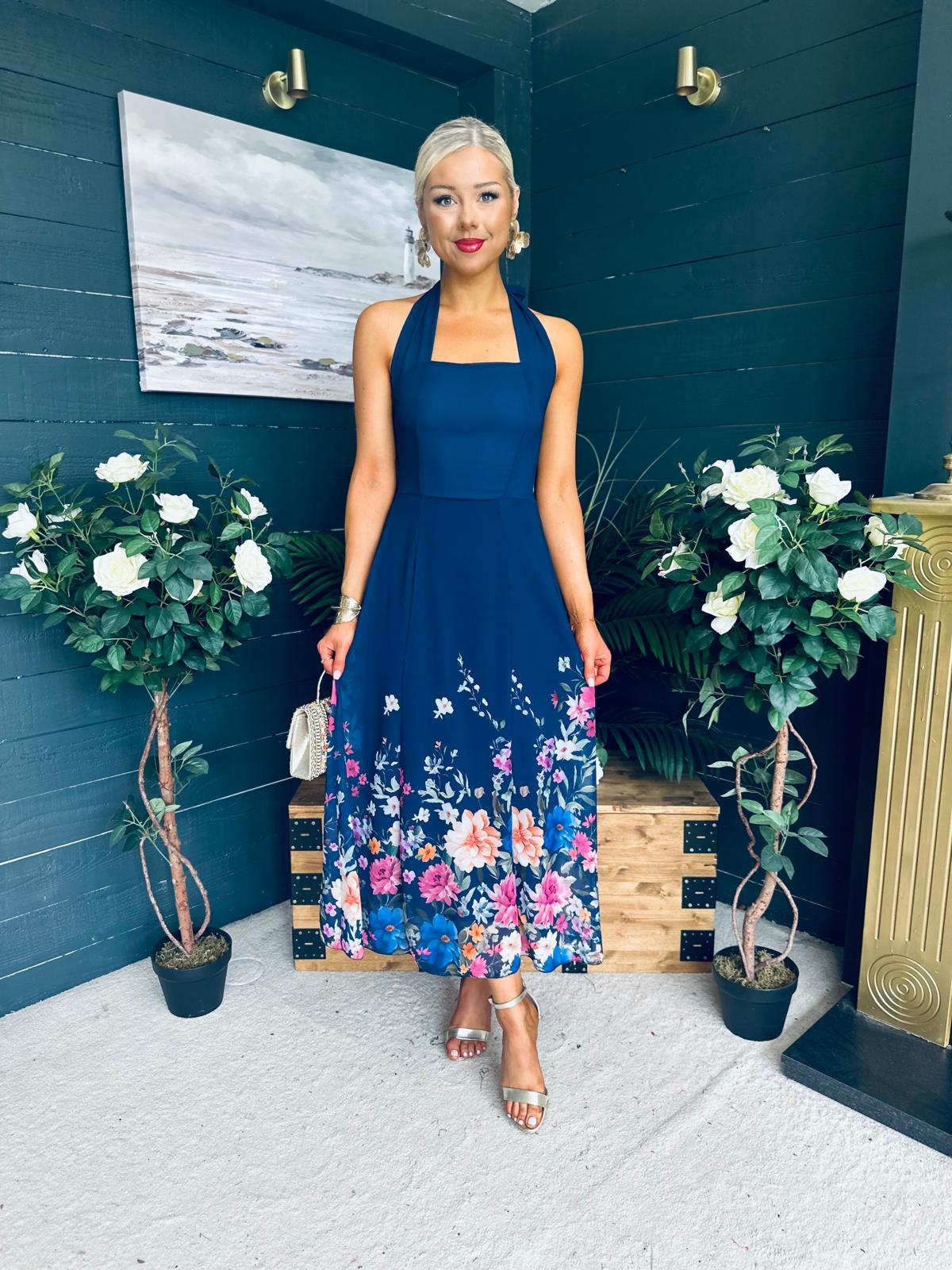 Keelin Halterneck Midi Dress Floral Navy