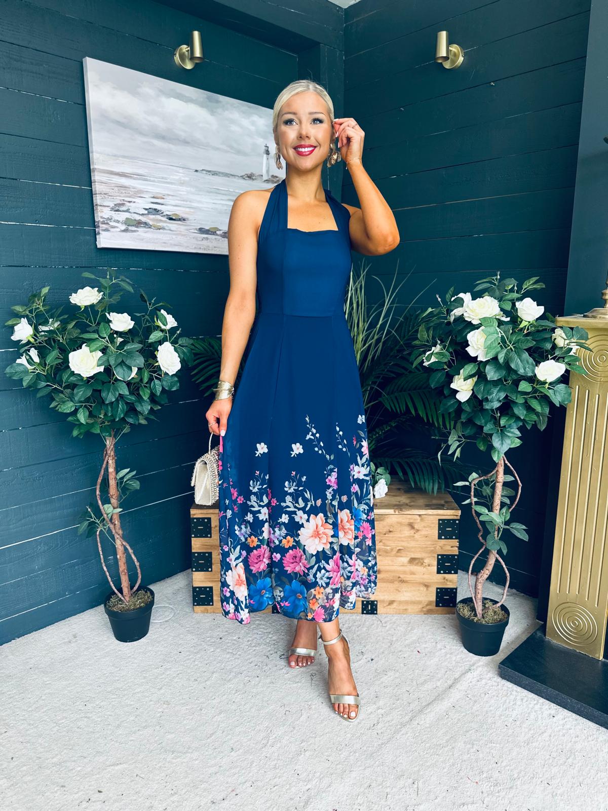 Keelin Halterneck Midi Dress Floral Navy