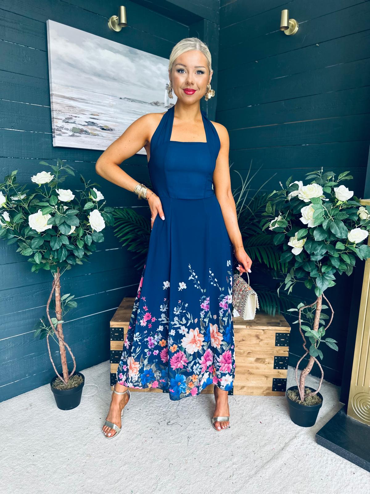 Keelin Halterneck Midi Dress Floral Navy