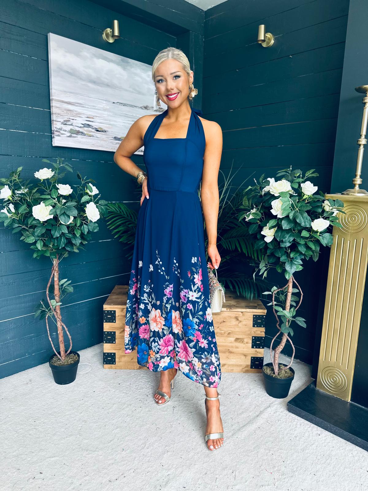 Keelin Halterneck Midi Dress Floral Navy
