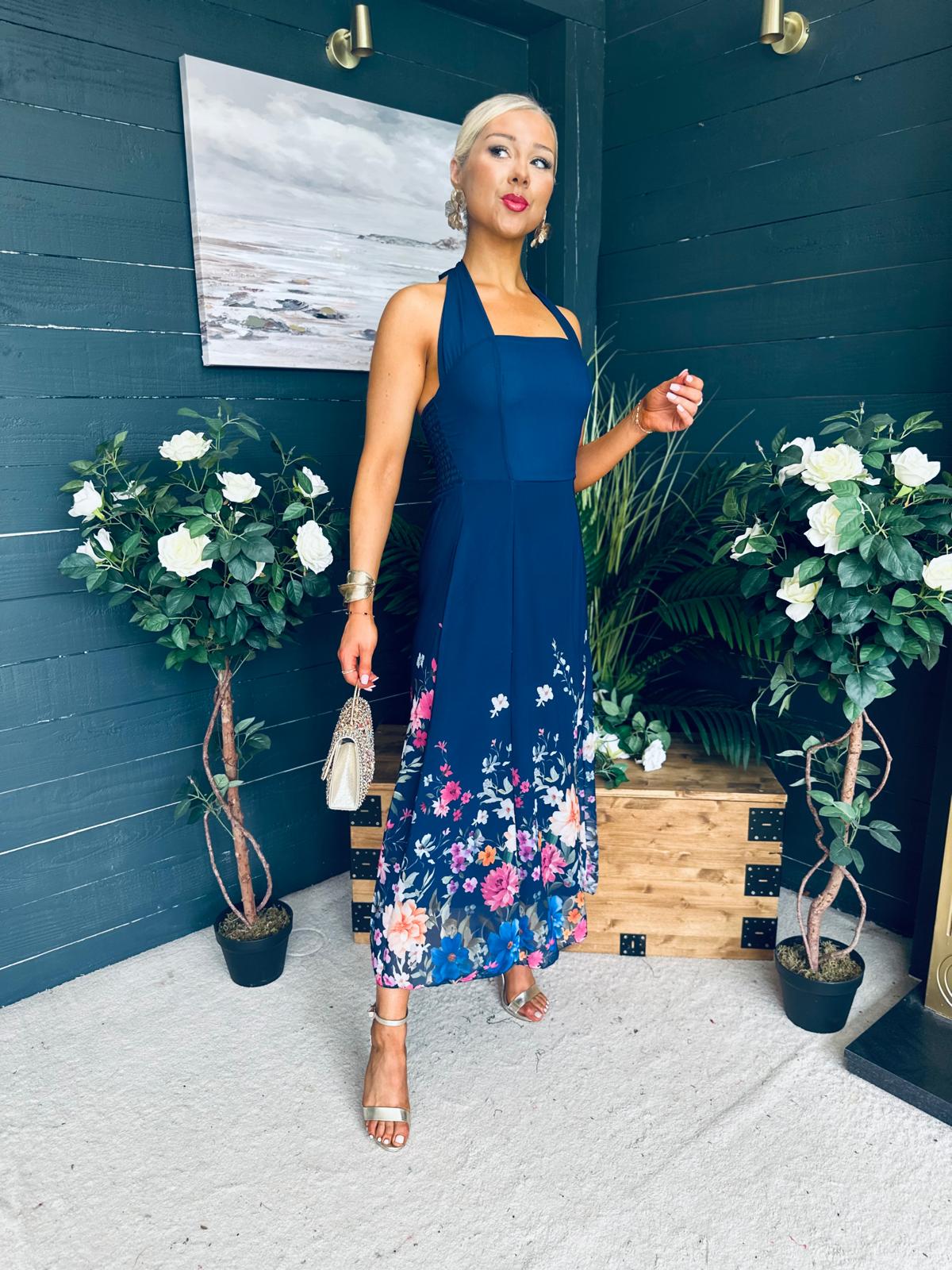 Keelin Halterneck Midi Dress Floral Navy