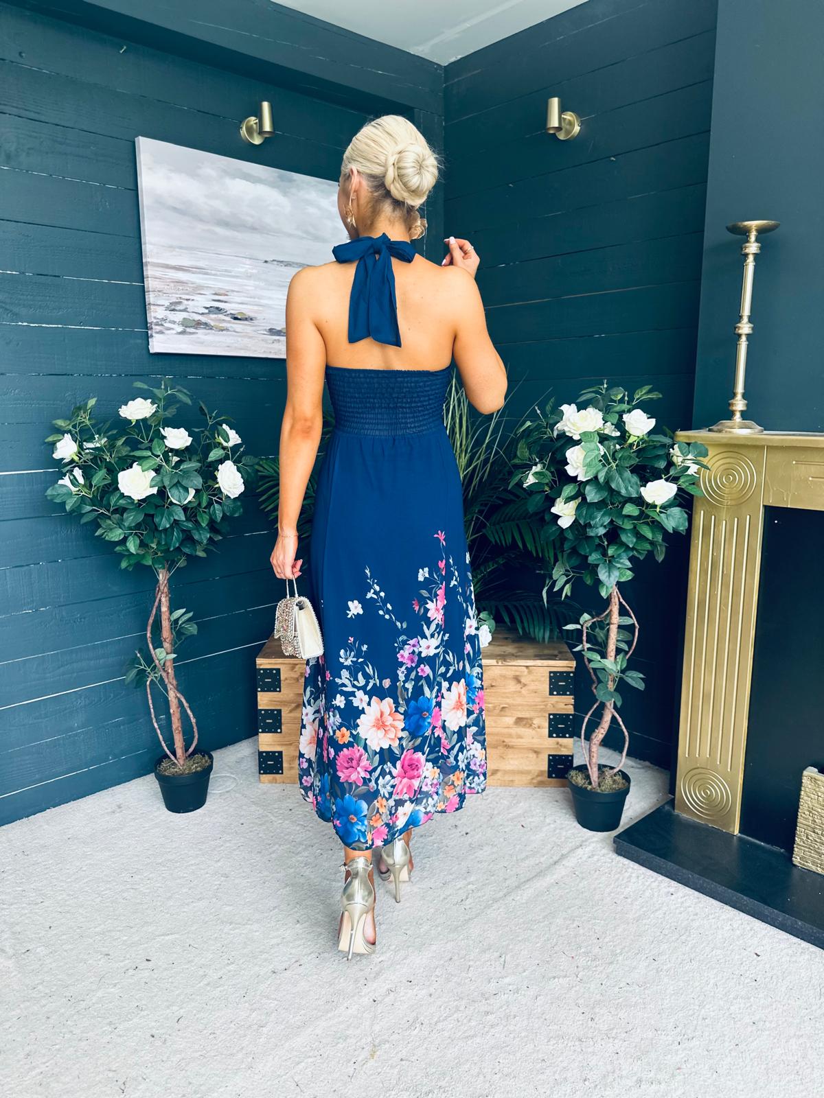 Keelin Halterneck Midi Dress Floral Navy