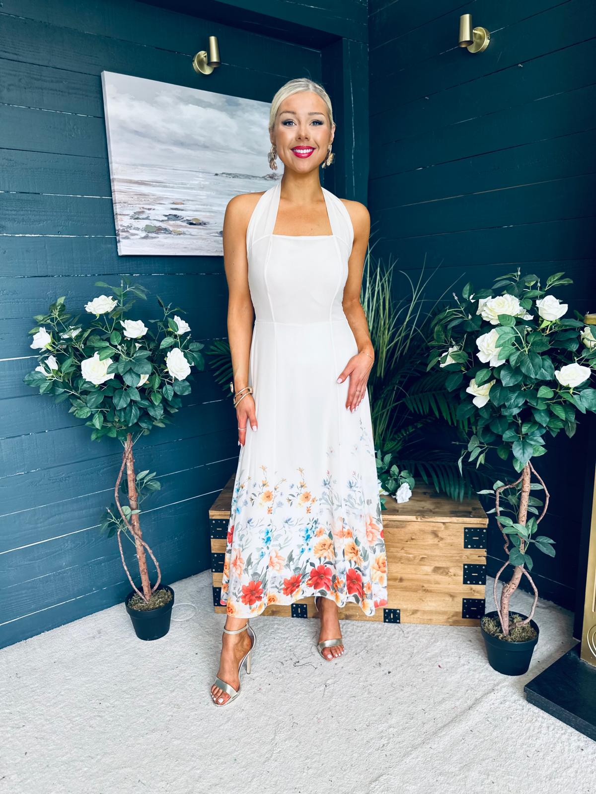 Keelin Halterneck Midi Dress Floral Cream