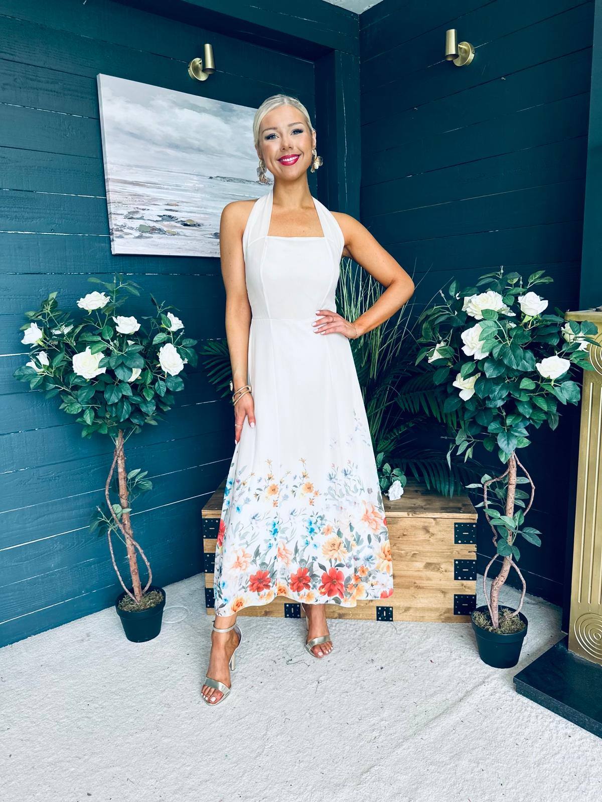 Keelin Halterneck Midi Dress Floral Cream