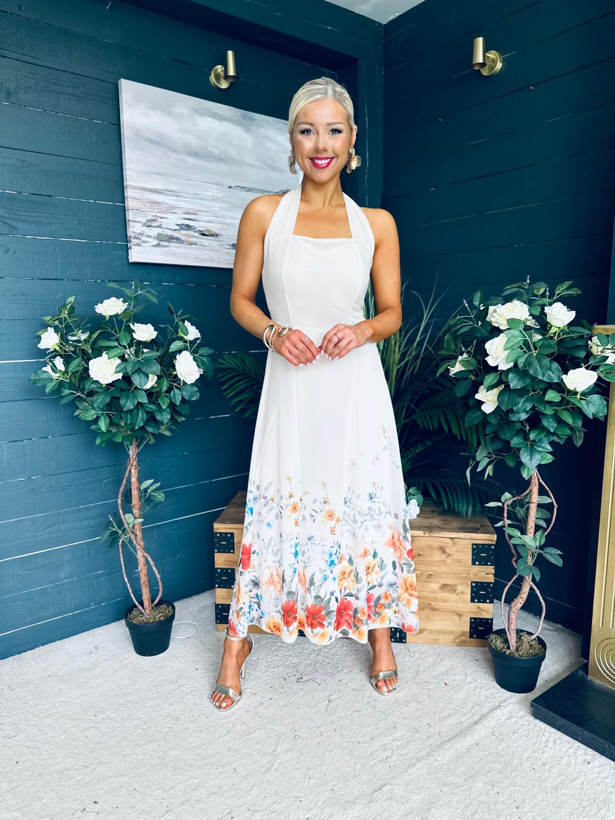 Keelin Halterneck Midi Dress Floral Cream